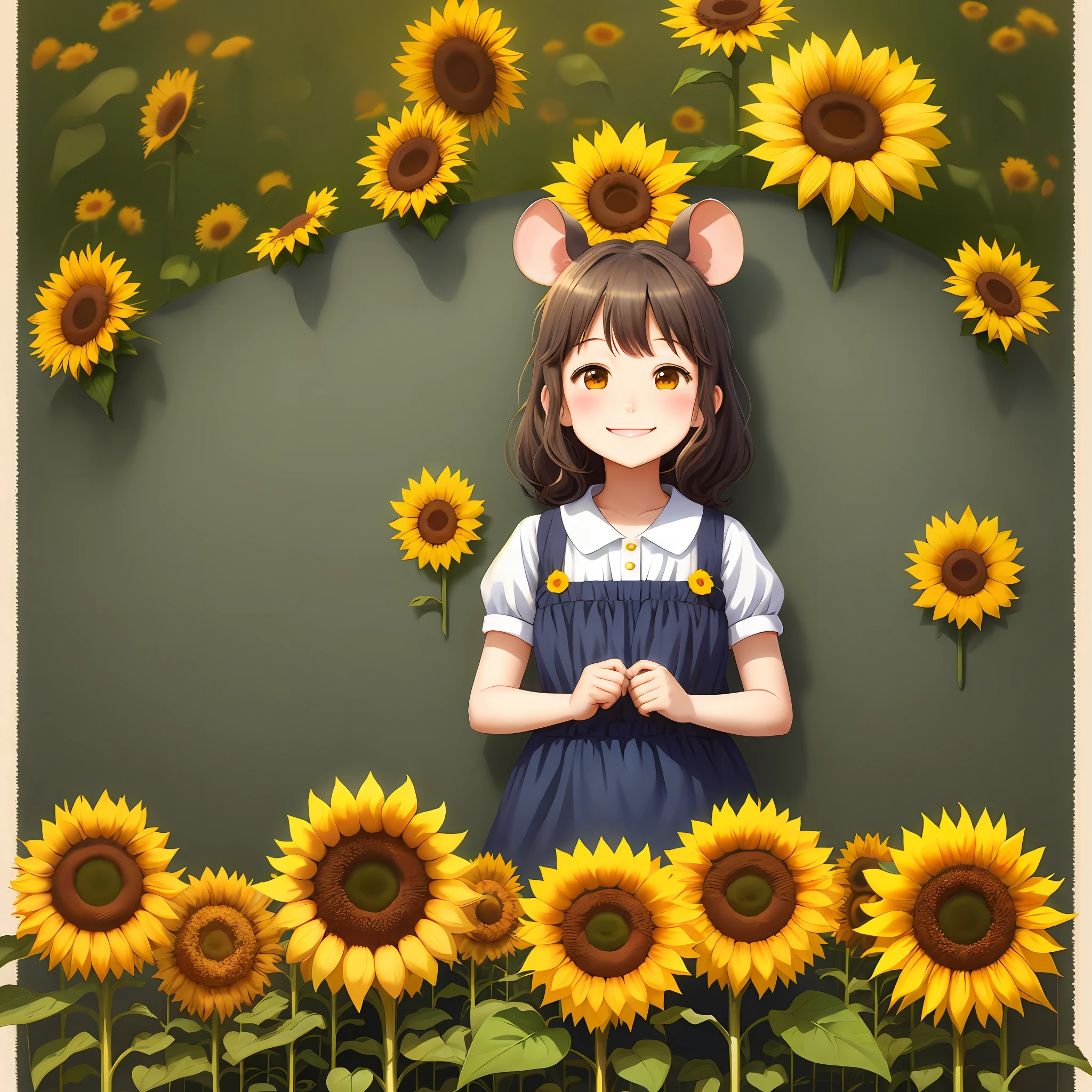 Girl standing in sunflower field, beautiful sunflower anime girl, beautiful mouse-girl, sunflower in background, anime moe art style, scene: sunflower field, made in anime painter studio, cute cat in sunflower field, real cute portrait, cute girl anime visual, Kanzaka secca, official fan art, girl is pointing upwards with palms of both hands in front of her stomach , a small mouse character on the palm of his hand