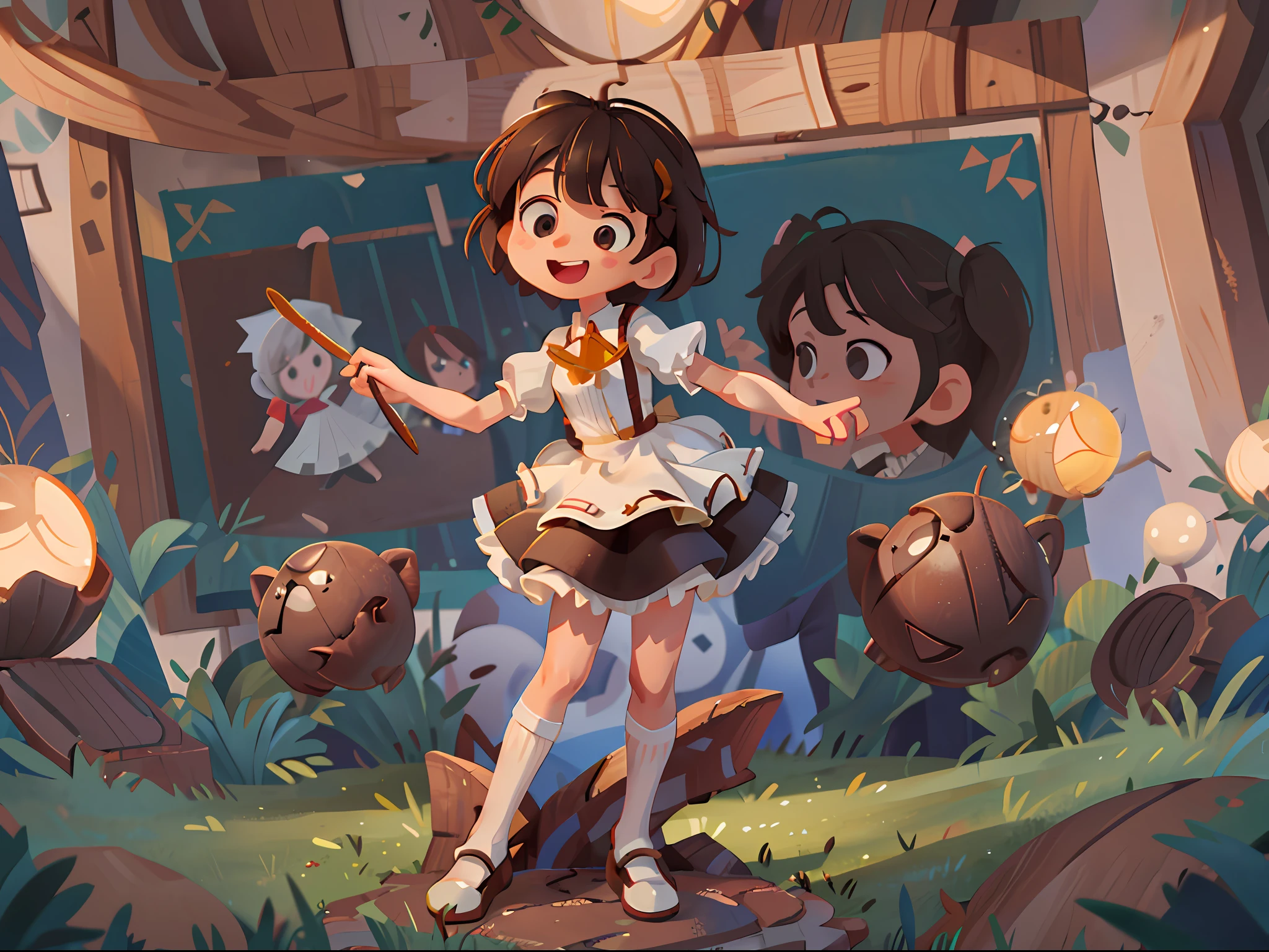 (Best Quality, Masterpiece: 1.1), Black frilled hem dress, shoulder cross pockets, high knee socks, surreal, (fantasy), a girl laughing happily, cute medium small breasts, bright face, white eyes, short hair, flipped hair, brown hair, ultra hd, 3D, full body, standing, facing the design paper