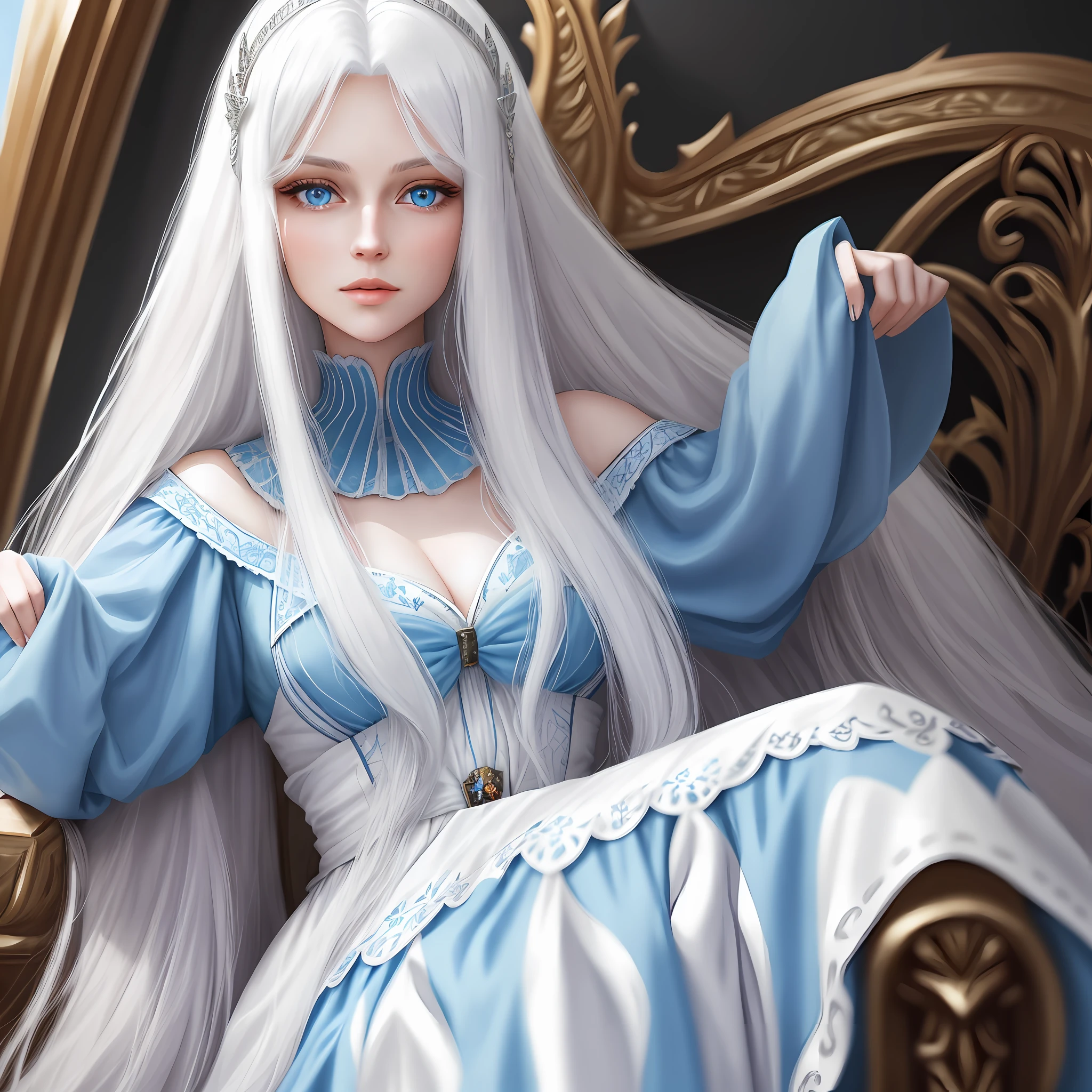 A beautiful queen with long white hair and blue eyes
