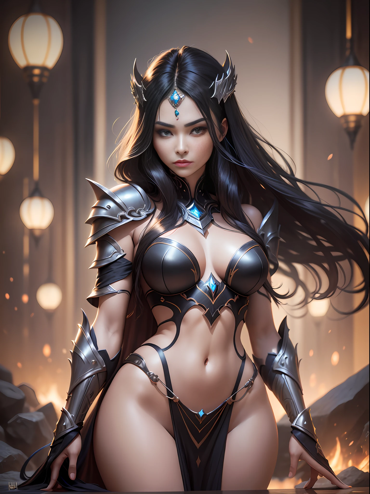 Elara: Feminine Warrior, Exotic and charming appearance, Long silky hair, black as night, Expressive and deep eyes, in almond tone, Soft and tanned skin, with a natural glow, Delicate and well-defined facial features, Slender and graceful body, with subtle curves, Armor that enhance her mysterious beauty, Elegant bearing and imposing posture, black hair, high detail, modern, cinematic lighting, reflection light, motion blur, Hasselblad, diffraction spikes, Ultra-Wide Angle, multiple views, close-up, 360 view, UHD, masterpiece, anatomically correct, high quality, 1080P, 8k