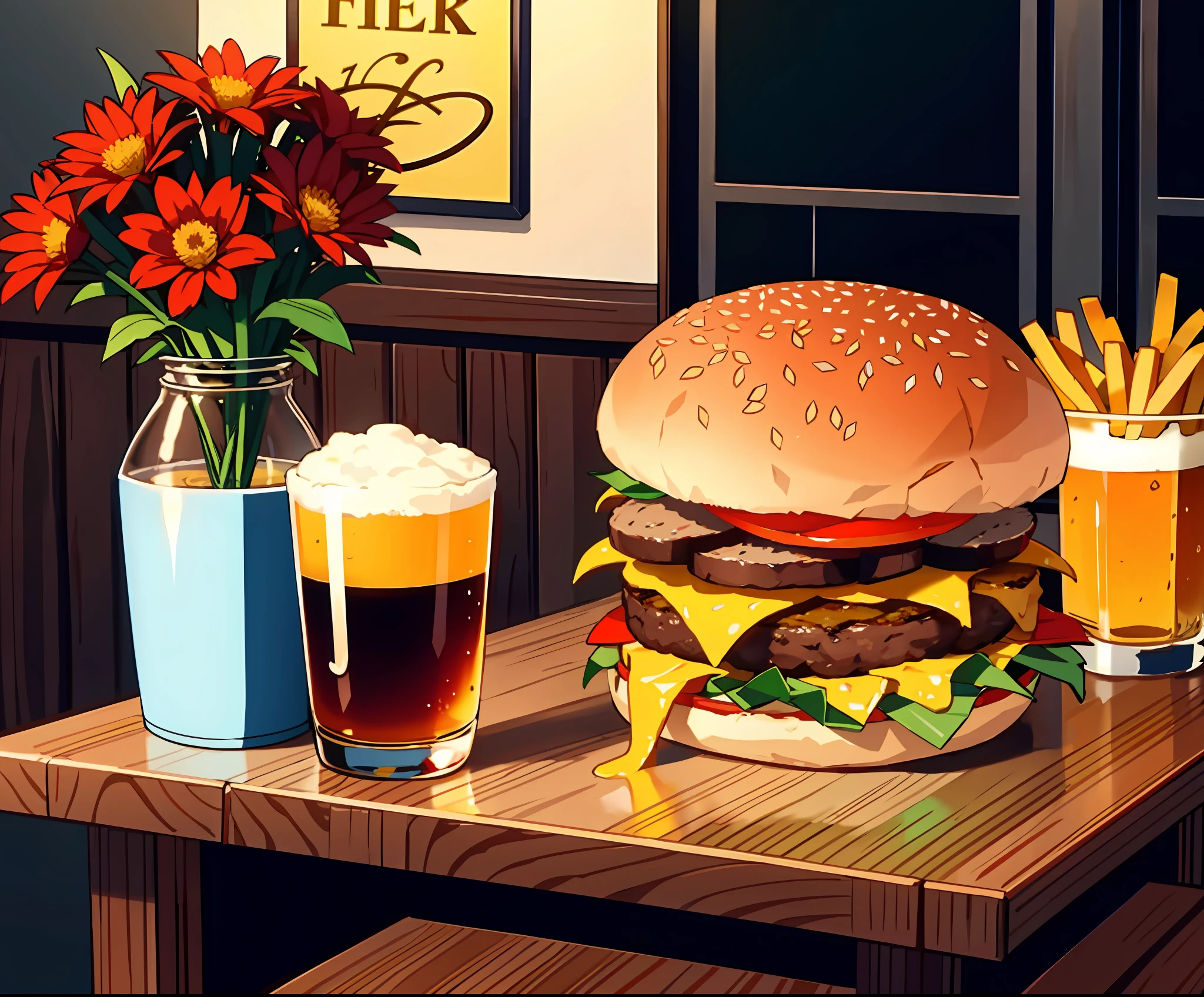 burger, fries, beer mug, vase of red flowers on the table