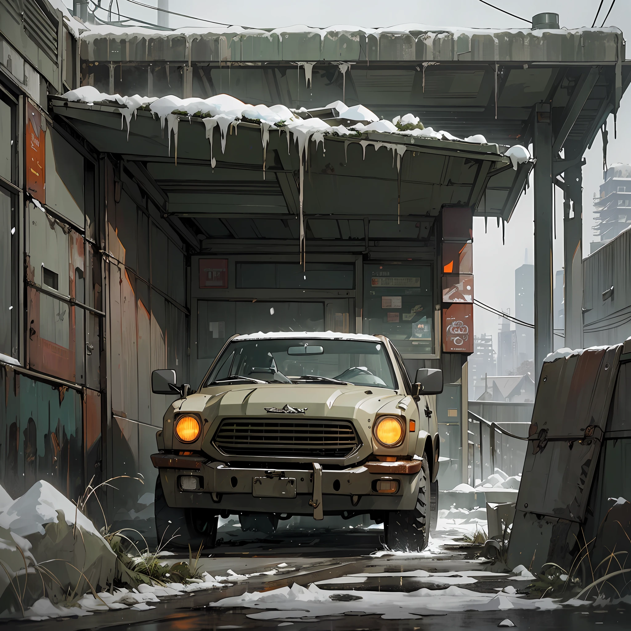 masterpiece, best quality, exterior of a dilapidated parking lot, a khaki green SUV (cyberpunk, rust, broken headlight, very detailed), lots of snow, wet ground, debris, metal fence, cloudy sky, smoke, fog, ((very dark night)), ((very dark shadows)), suspense and lonely atmosphere, snowy storm