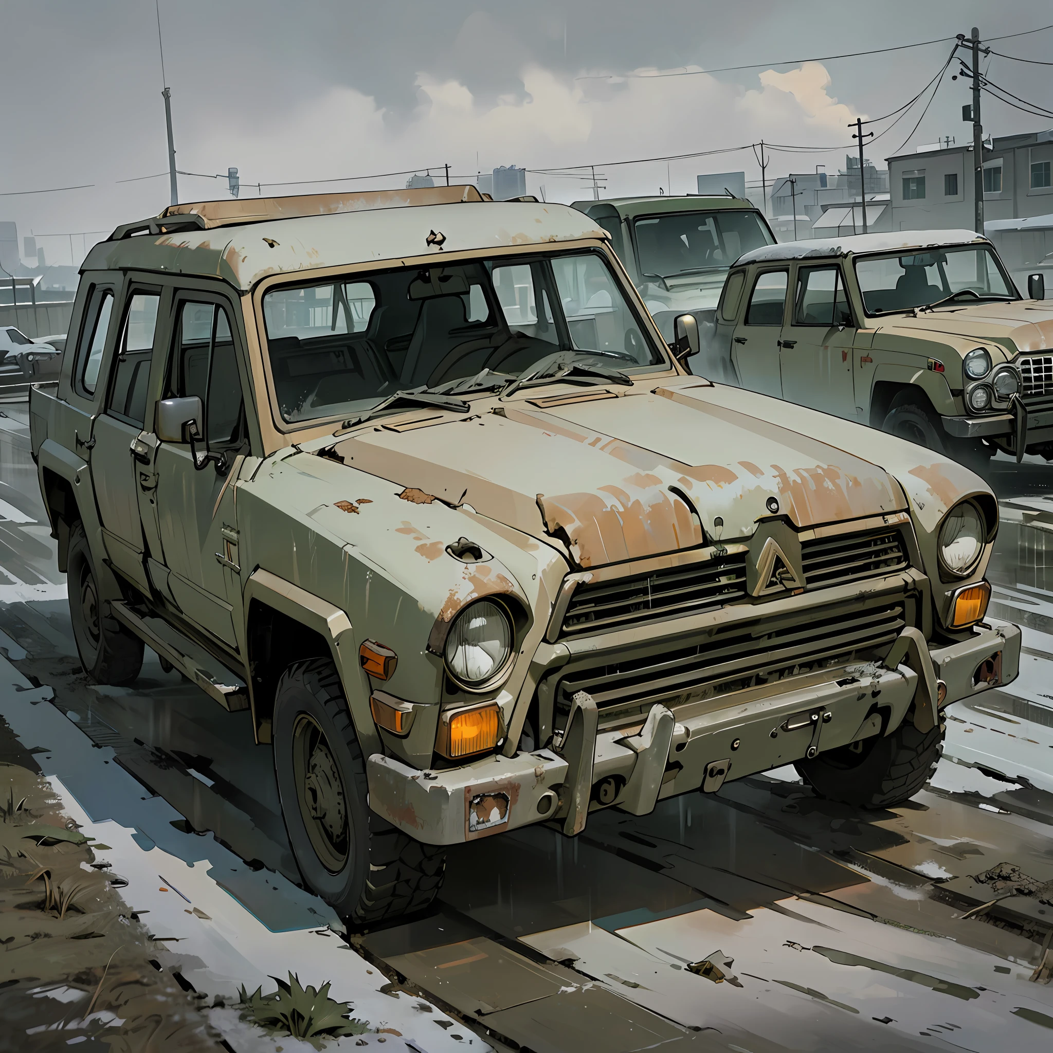 masterpiece, best quality, exterior of a dilapidated parking lot, a khaki green SUV (cyberpunk, rust, broken headlight, very detailed), lots of snow, wet ground, debris, metal fence, cloudy sky, smoke, fog, ((very dark night)), ((very dark shadows)), suspense and lonely atmosphere, snowy storm