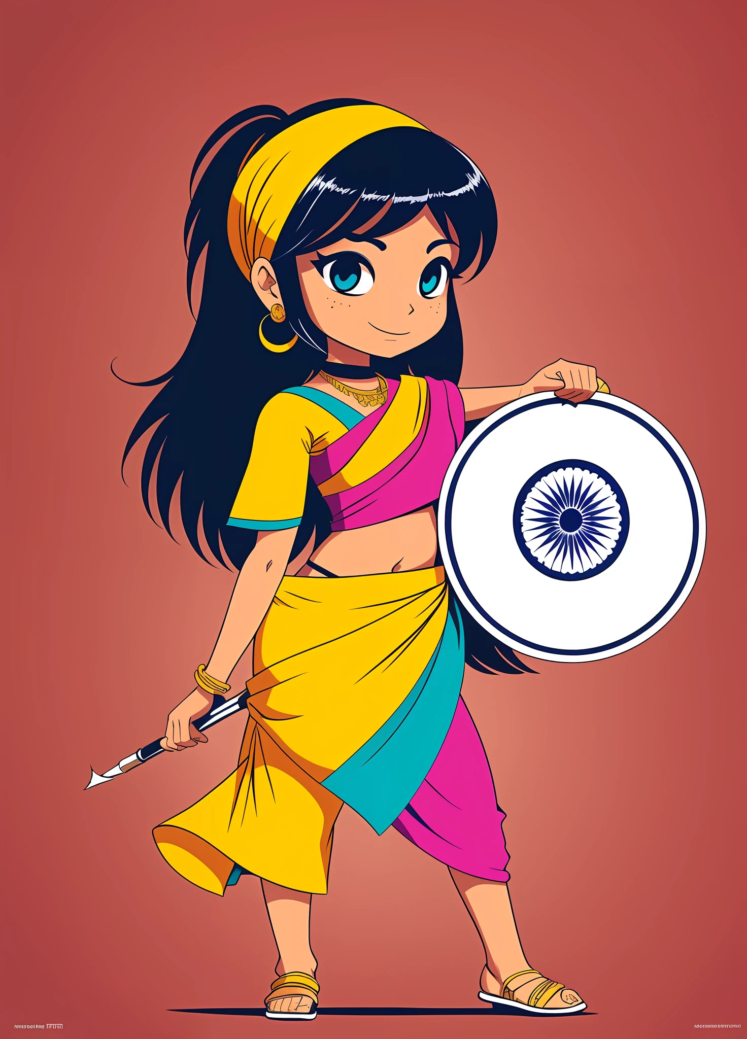 Beautiful Indian woman, brown skin, holding an empty sign, flat background, Skottie Young style