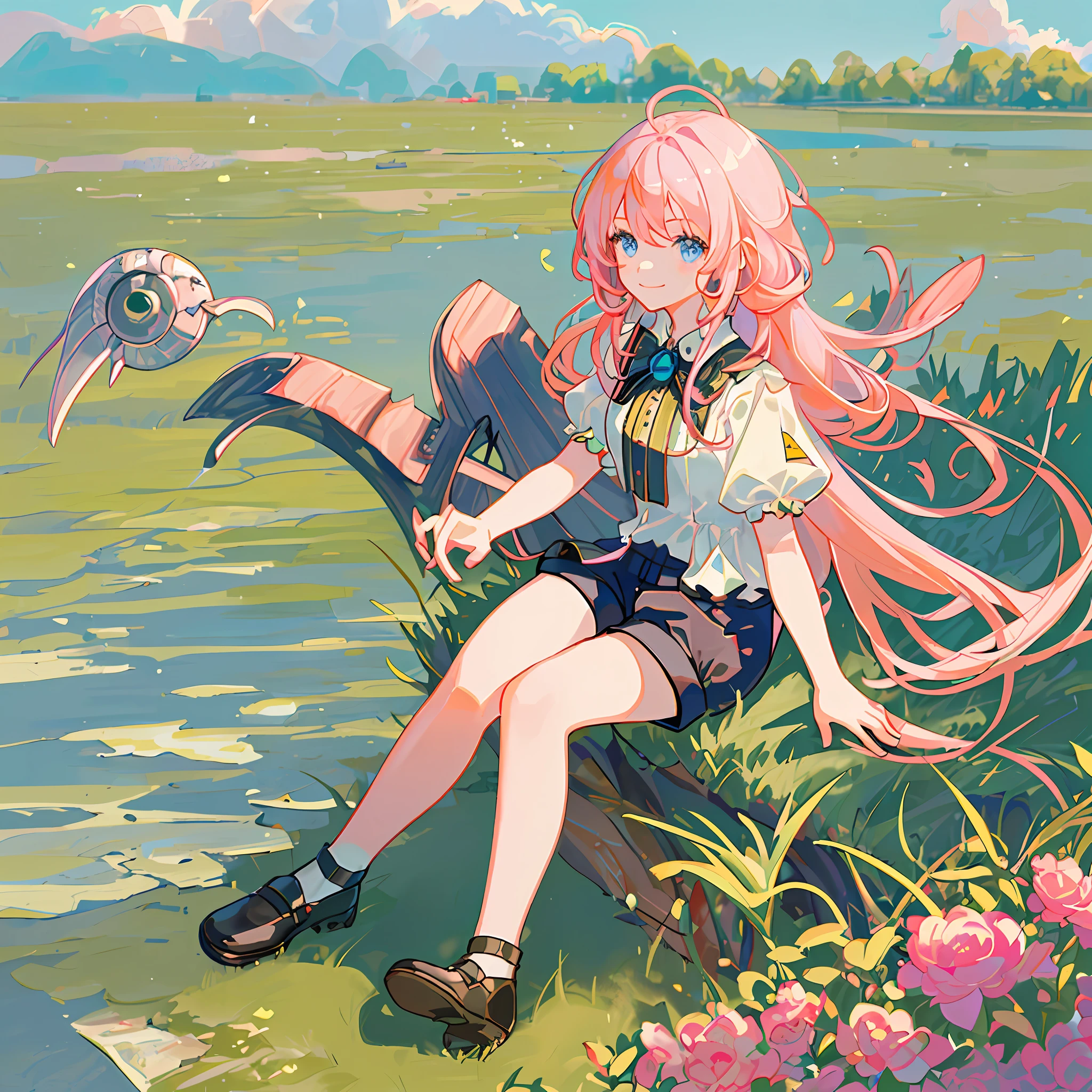 ((masterpiece,best quality)),1girl, solo, knees up, dress, sitting, short sleeves, looking at viewer, grass, long hair, curly hair, smile, pink hair, puffy sleeves, outdoors, puffy short sleeves, bangs, on ground, full body, white top, black shorts, sunlight, blue eyes, dappled sunlight, day, depth of field