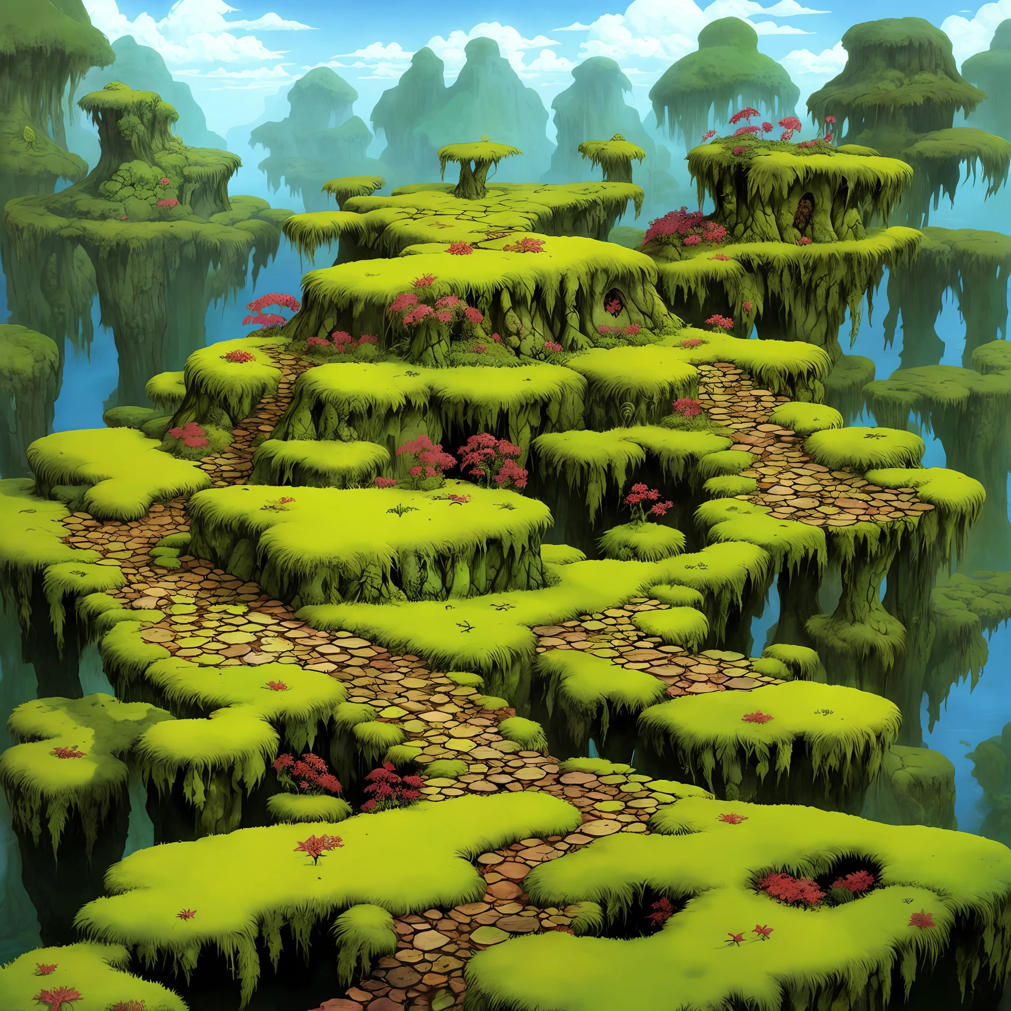 Piles of treasure, moss, fantasy environment, art style Roger Dean