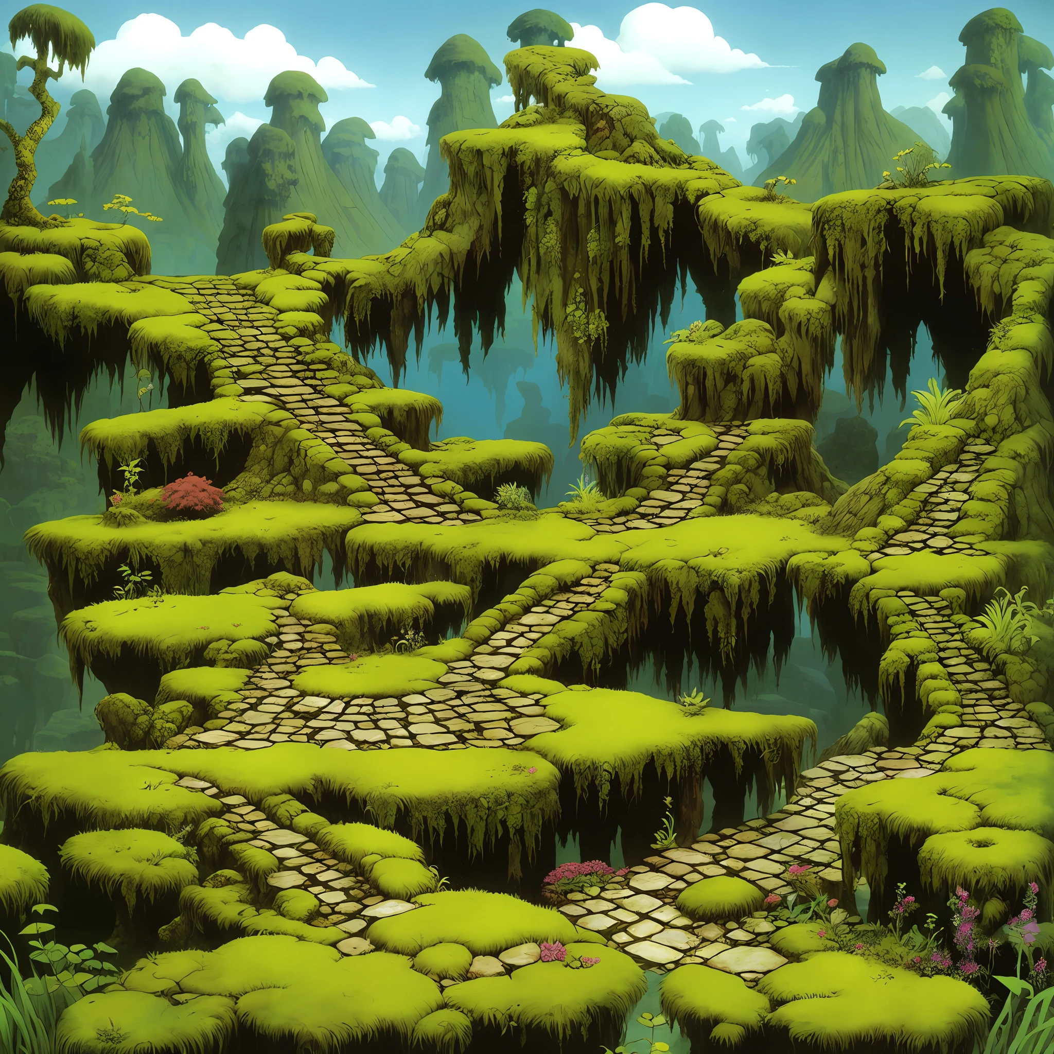 Piles of treasure, moss, fantasy environment, art style Roger Dean