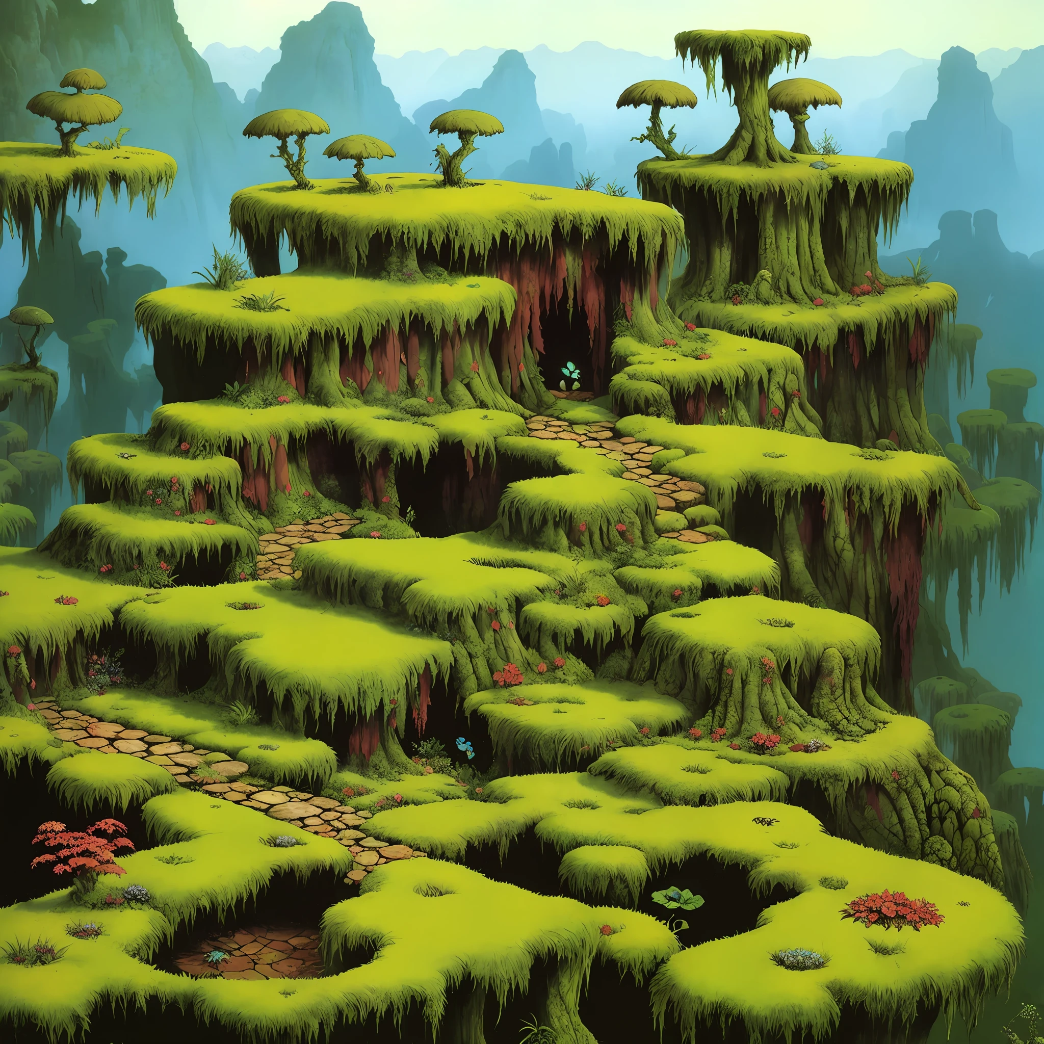 Piles of treasure, moss, fantasy environment, art style Roger Dean