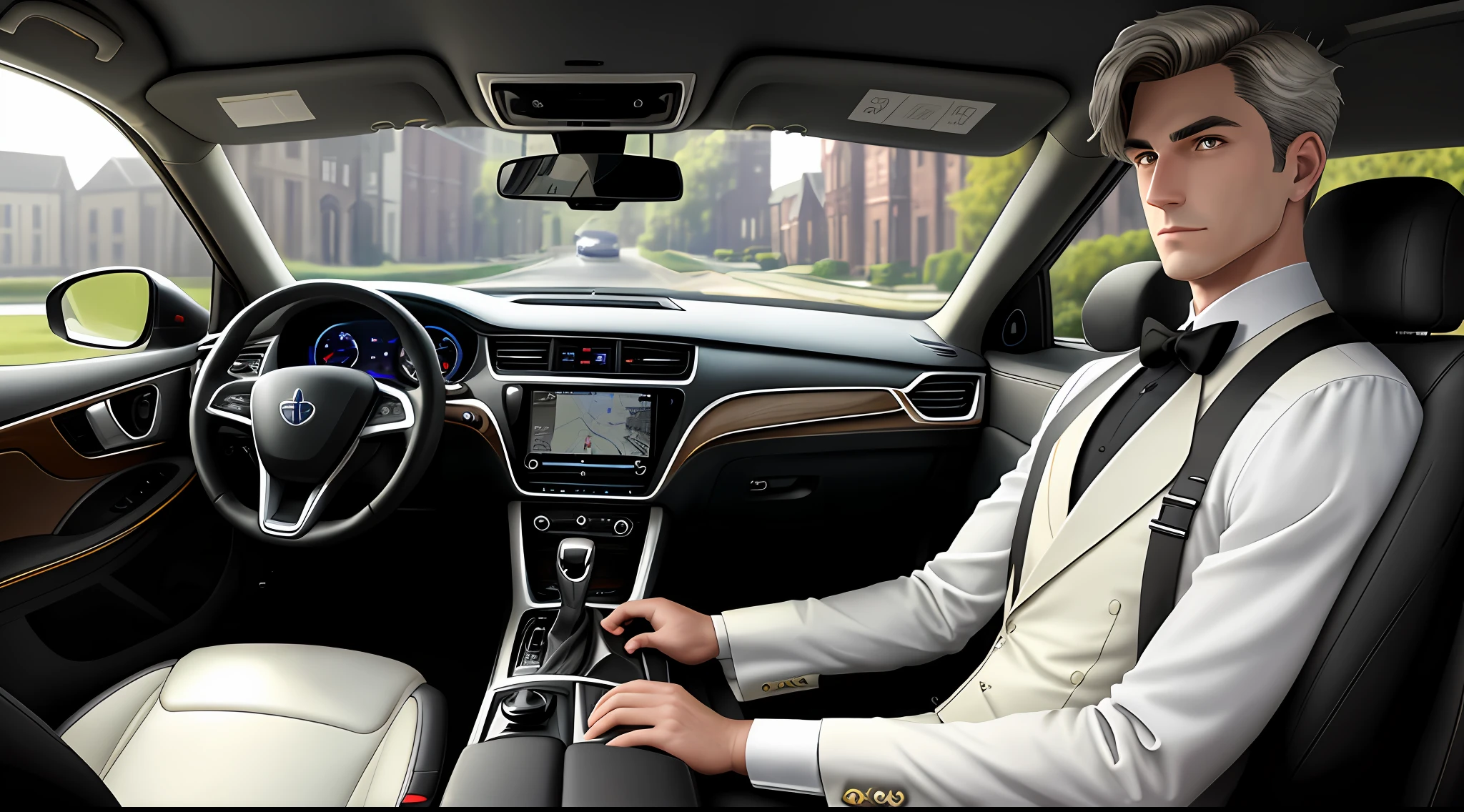 Picture a self-driving car designed like a butler, with a passenger inside enjoying the ride. The car's exterior is sleek and black, reminiscent of a high-end luxury vehicle. The front grille is designed to look like a crisp, white shirt, and the headlights have a subtle, monocle-like design. The car's logo, placed where a bowtie would be, adds a touch of sophistication. The autonomous sensors and cameras are cleverly integrated into the design, appearing as part of the butler's uniform rather than technological add-ons. The interior is visible through the car's tinted windows, revealing a passenger lounging comfortably, reading a book, with no need to pay attention to the road. The scene is set in a posh neighborhood with Victorian-style houses in the background, under a soft evening light that reflects off the car's polished surface. The car should be captured from a low angle, using a wide-angle lens to emphasize its imposing presence. The overall style should be hyper-realistic, with a high level of detail and a 16k resolution. --ar 16:9 --v 5.1 --style raw --q 2 --s 750
