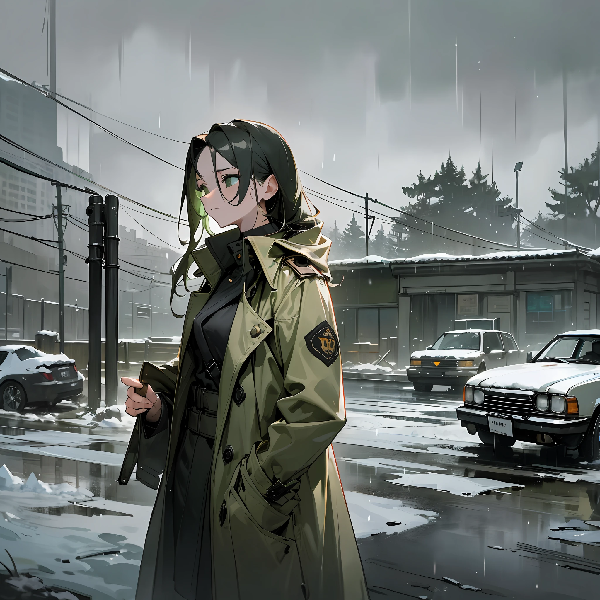 masterpiece, best quality, exterior of a dilapidated car park, a beautiful woman in khaki green trench coat walking, lots of snow, wet ground, debris, metallic fence, cloudy sky, smoke, fog,((very dark night)), ((very dark shadows)), suspenseful and lonely atmosphere, snowy storm
