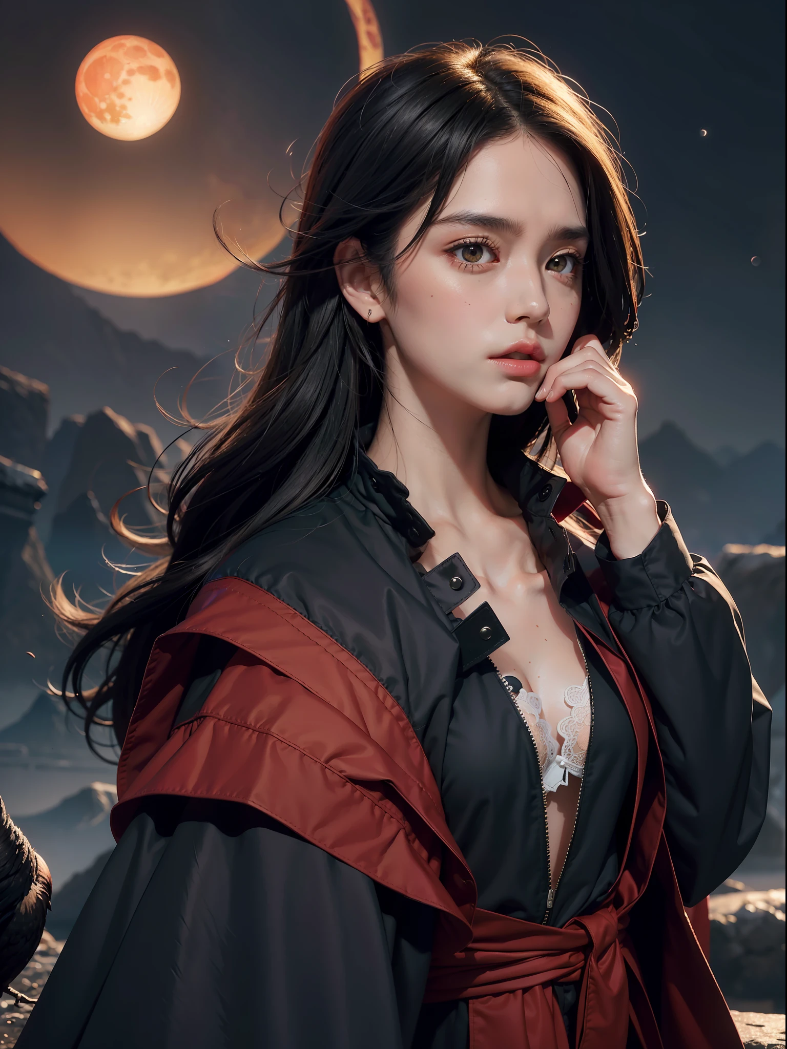 (masterpiece), (best quality), ultra high res, professional artwork, ultra detailed, intricate, detailed face, perfect lighting, 1girl, black hair, (red eyes, glowing eyes), AKATSUKI OUTFIT, ninja, black cloak, black coat, forehead protector, (collarbone), sidelocks, head, night, night sky, crescent moon, (red moon, crow), angry face, hand on own head, outdoors, (cowboy shot, far shot),