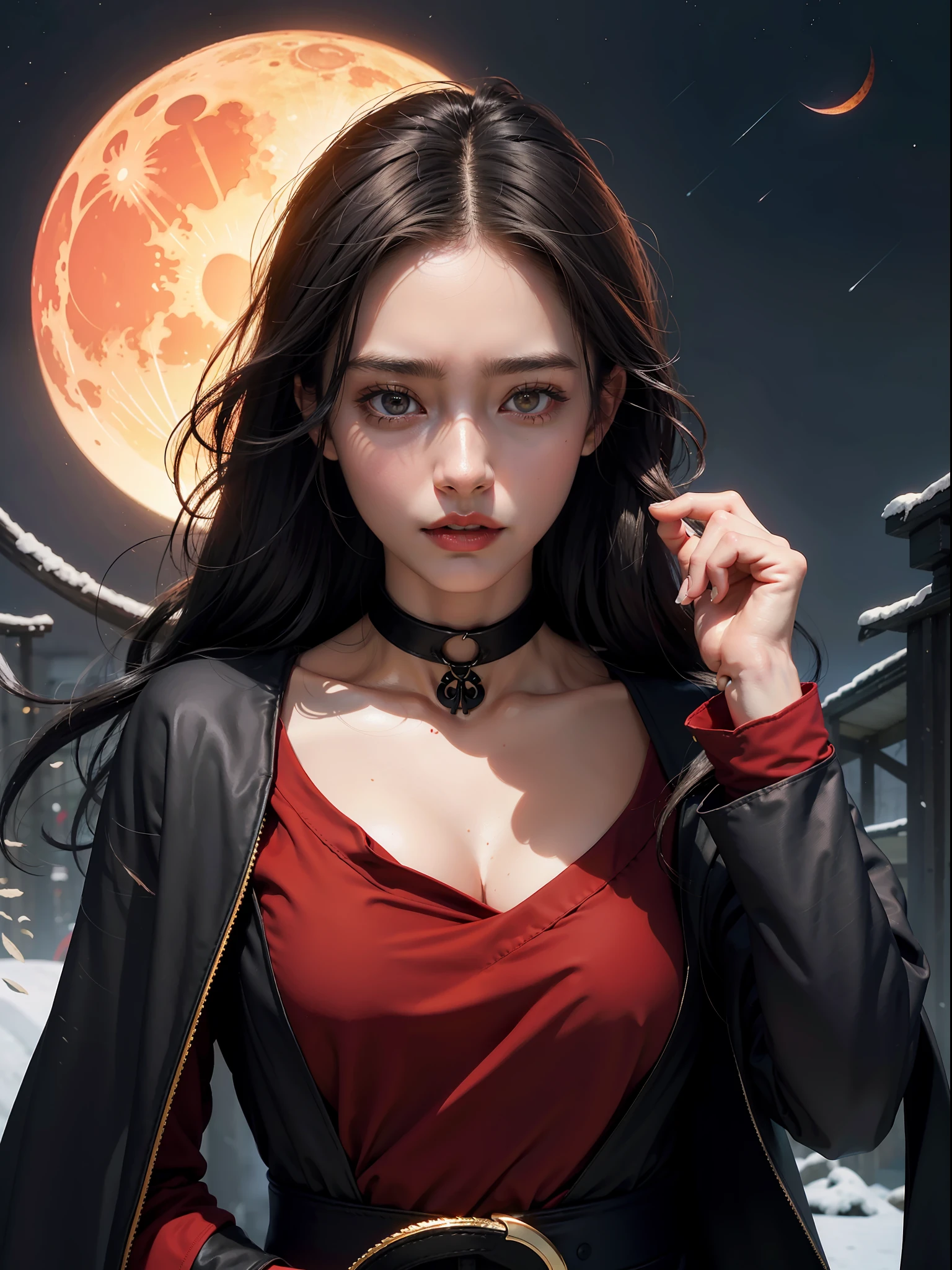 (masterpiece), (best quality), ultra high res, professional artwork, ultra detailed, intricate, detailed face, perfect lighting, 1girl, black hair, (red eyes, glowing eyes), AKATSUKI OUTFIT, ninja, black cloak, black coat, forehead protector, (collarbone), sidelocks, head, night, night sky, crescent moon, (red moon, crow), angry face, hand on own head, outdoors, (cowboy shot, far shot),