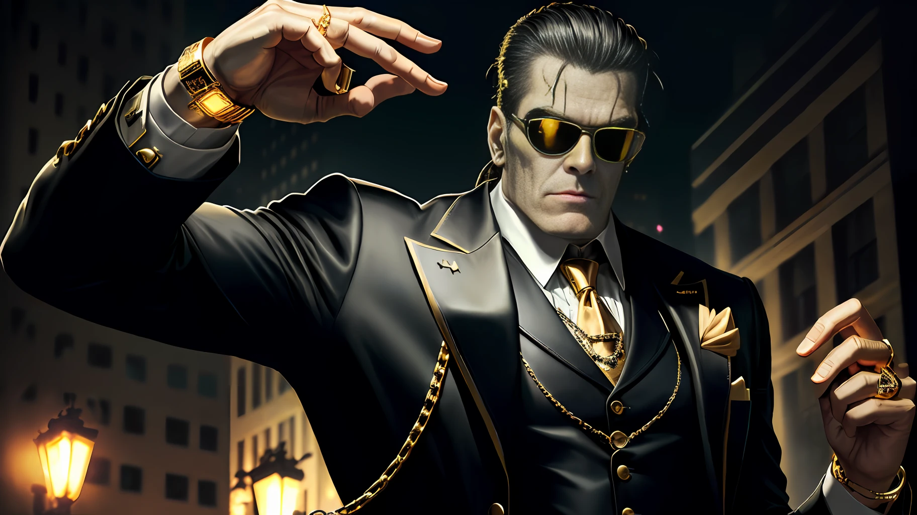 Monster Frankenstein, wearing suit, sunglasses, gold wristwatch, gold chains, dark city theme, (do not duplicate), ((hyper detailed)), ((in focus))