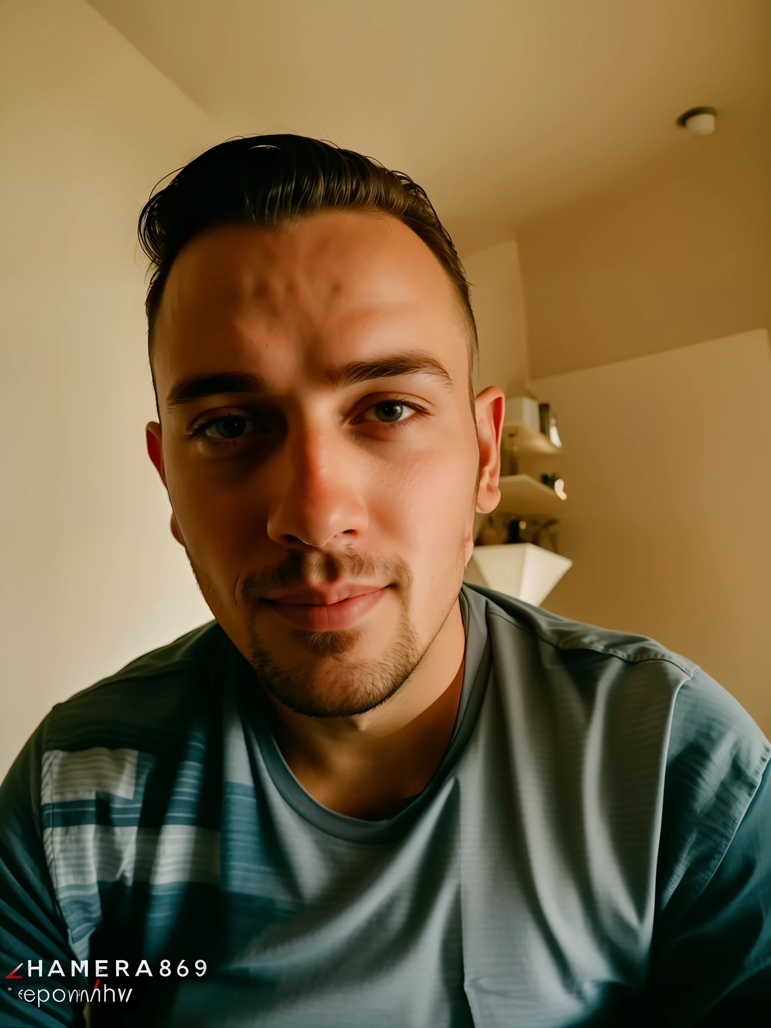 There is a man who is taking a selfie in a room, 8k selfie photography, 8k portrait shot, headshot profile picture, front shot, looking straight at the camera, selfie taken right at the angle, he is! about 25 years old, looking directly into the camera, showing forehead, detailed face not blurred