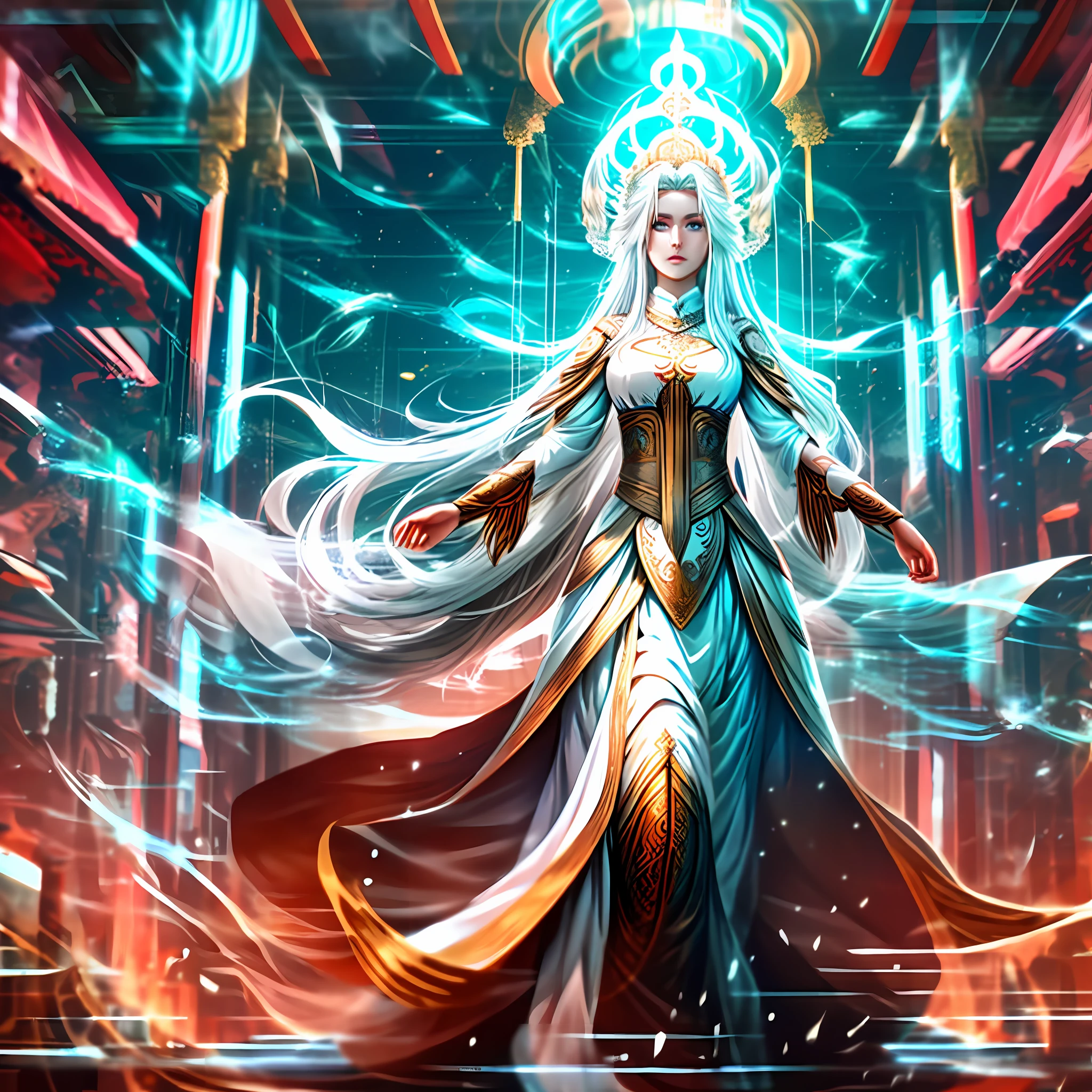 A beautiful goddess with long white hair and blue eyes, with an extremely white and beautiful dress