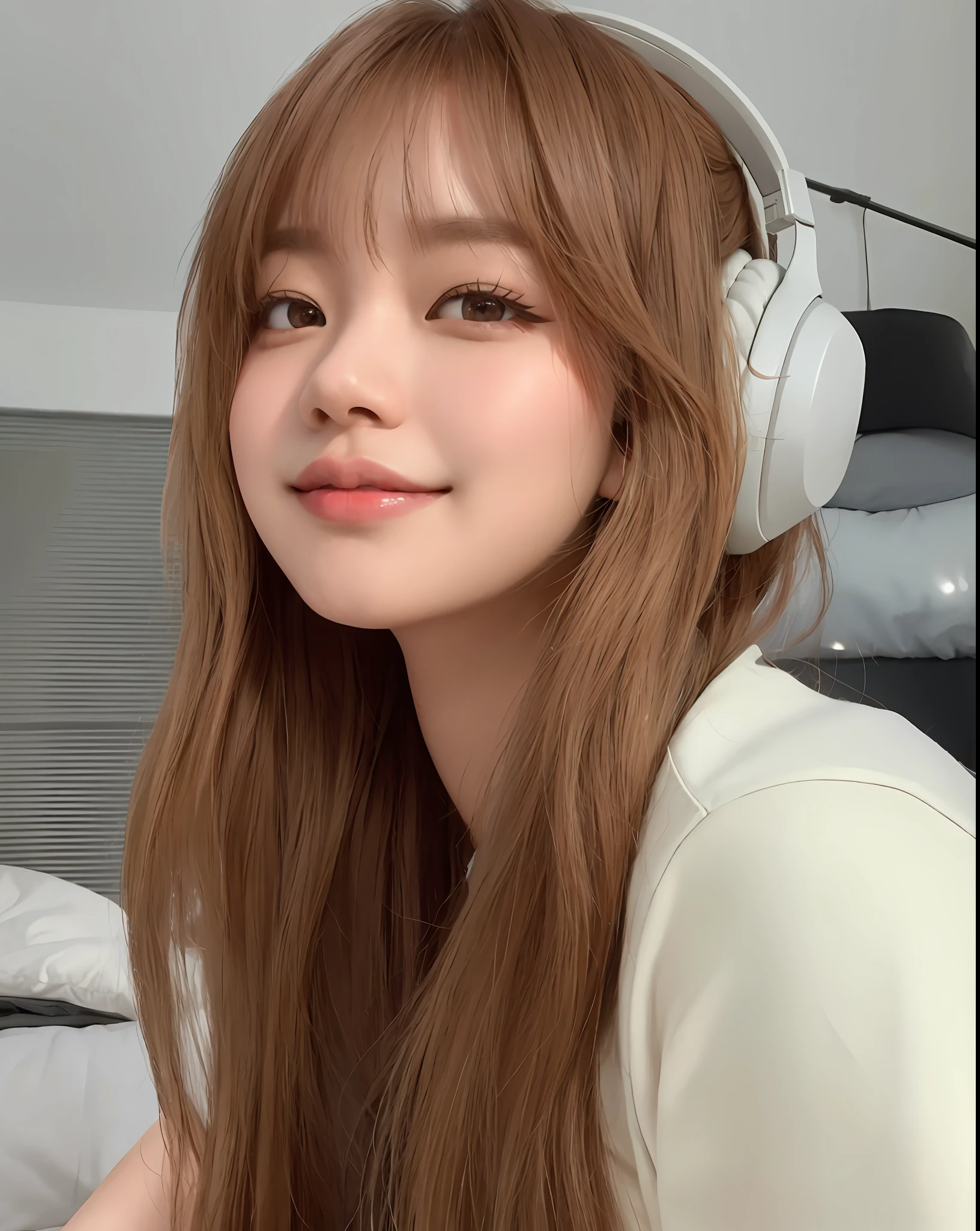 arafed woman with headphones sitting on a bed with a laptop, lalisa manobal, lalisa manoban of blackpink, tzuyu from twice, park ji-min, with bangs, jossi of blackpink, sun yunjoo, roseanne park of blackpink, the hime cut, jaeyeon nam, lee ji - eun, lee ji-eun, 8k, cleavage, big tits, thin smile