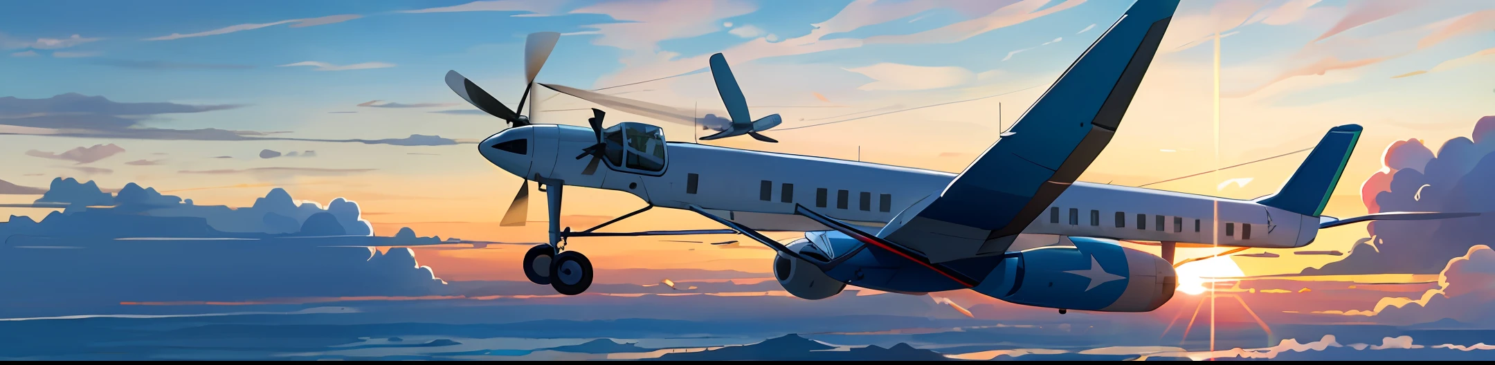 Flying bus, tram and airplane (one each), looking down, best quality, sunset, animated style