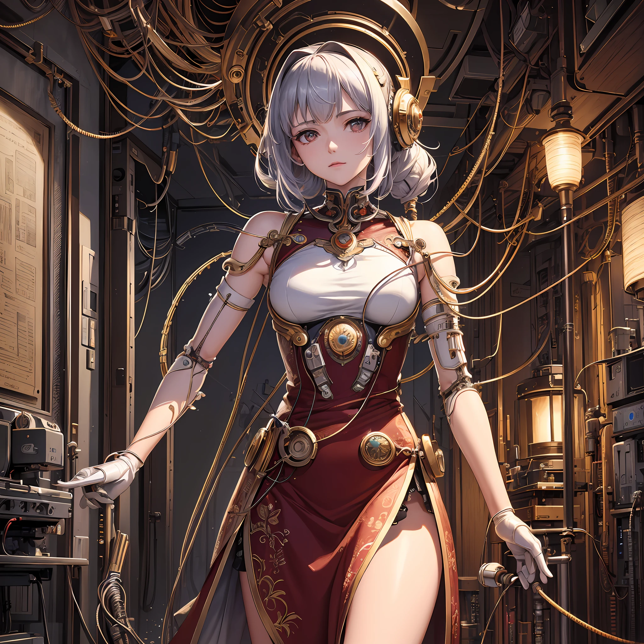(((masterpiece))), (((best quality))), ((ultra-detailed)), (highly detailed CG illustration), ((an extremely delicate and beautiful)),cinematic light,((1mechanical girl)),solo,(cowboy shot:1.2),(machine made joints:1.2),((machanical limbs)),(blood vessels connected to tubes),(mechanical vertebra attaching to back),((mechanical cervial attaching to neck)),expressionless,(wires and cables attaching to neck:1.2),(wires and cables on head:1.2),(character focus),science fiction,extreme detailed,colorful,highest detailed, loongs,fengs,background,