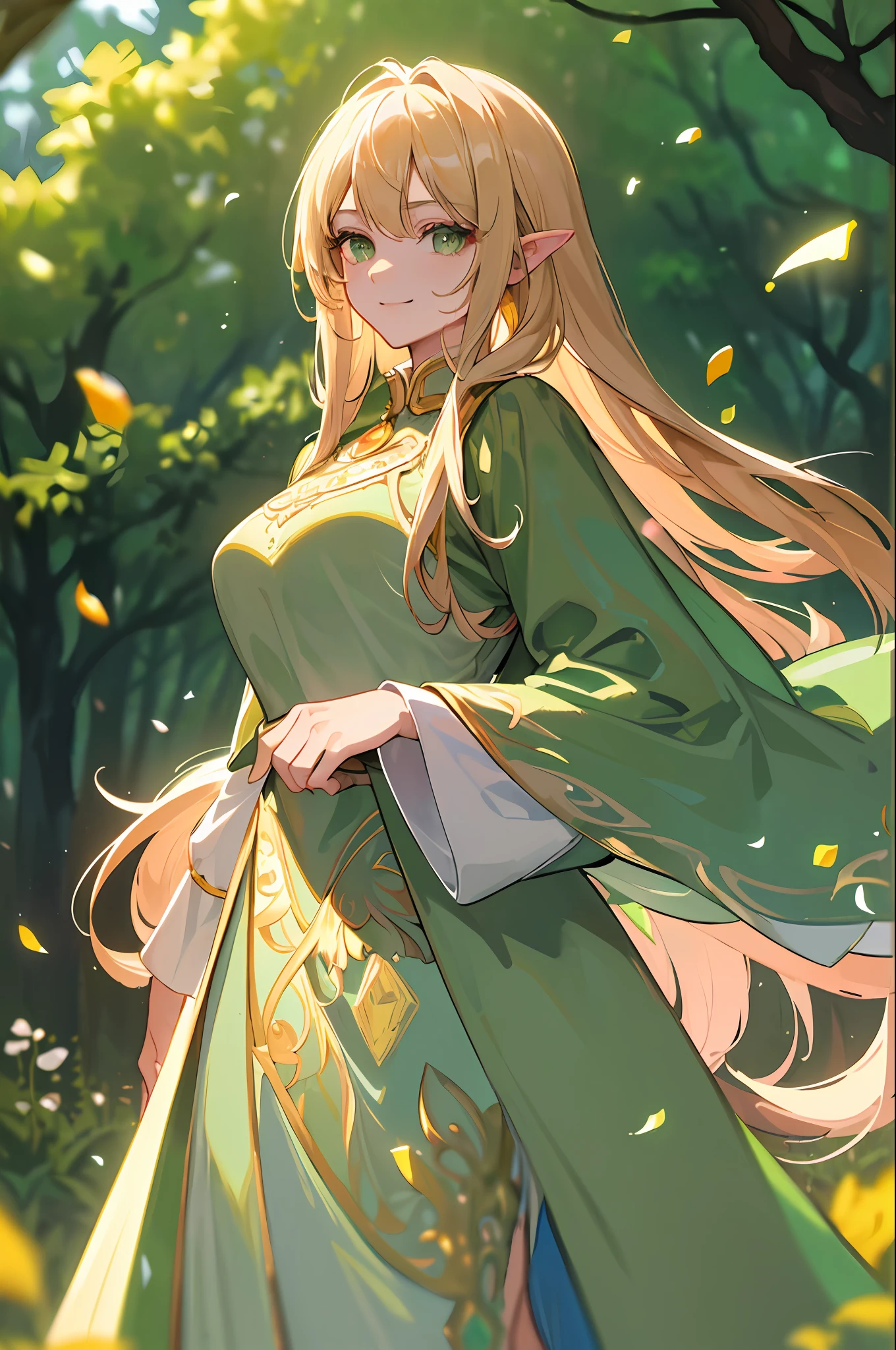 (((Masterpiece, Best Quality, Super Detail))), ((Very delicate and beautiful)), ((Beautiful delicate face)), One woman, beautiful blonde long straight hair, fine bright green eyes, long ears, fine green cloak armor, smile, forest, sunlight through trees, walking, strong wind, confetti