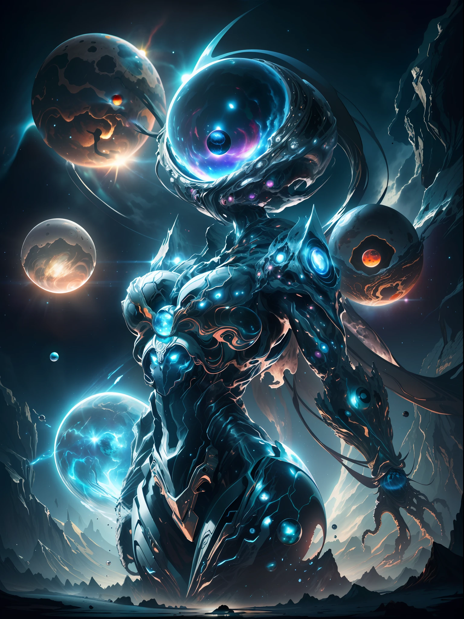 a monster,(planet-head,planet-face,dissect body,intricate monster body:1.35),cowboy shot,(a beautiful detailed monster,head(planet+pupils+Gaseous planet+black hole+nebula+bubble+Plasma sphere+shiny glowing planets:1.4)face),(Gravitation-monster-head,tidal force-planet-head,color inks background:1.255),Large depth of field,best lighting,side lighting,nebula-shiny skin body,side lighting ,Volume light,Flickering light ,magic(ball-nebula-mirror surface-sphere-waterfall)flash oil planet-ball surface-monster body,flash oil flowing glowing and floating