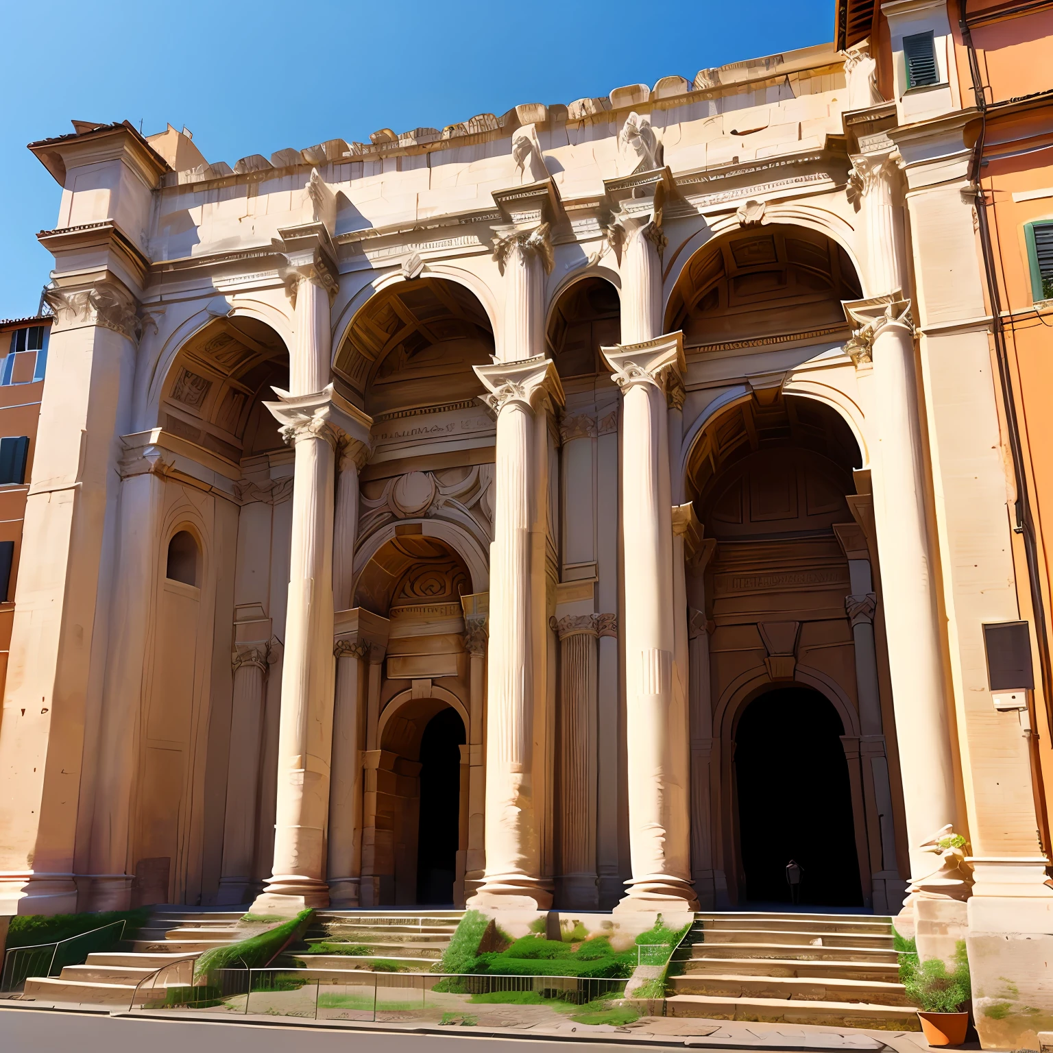 City of Rome at the time of the Roman empire, Etruscan architecture with its perfect back arches, public buildings and monuments, carriages in the streets