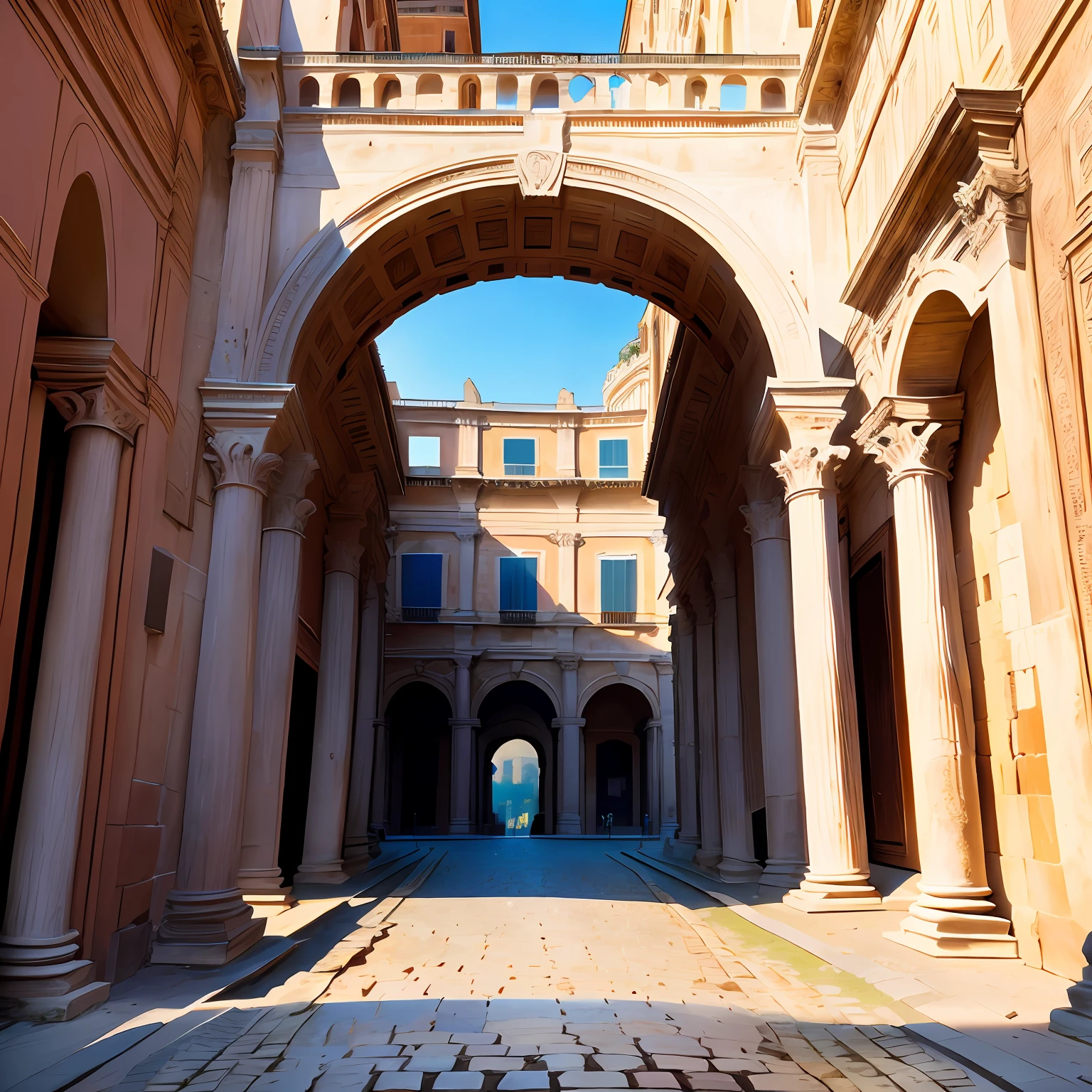 City of Rome at the time of the Roman empire, Etruscan architecture with its perfect back arches, public buildings and monuments, carriages in the streets