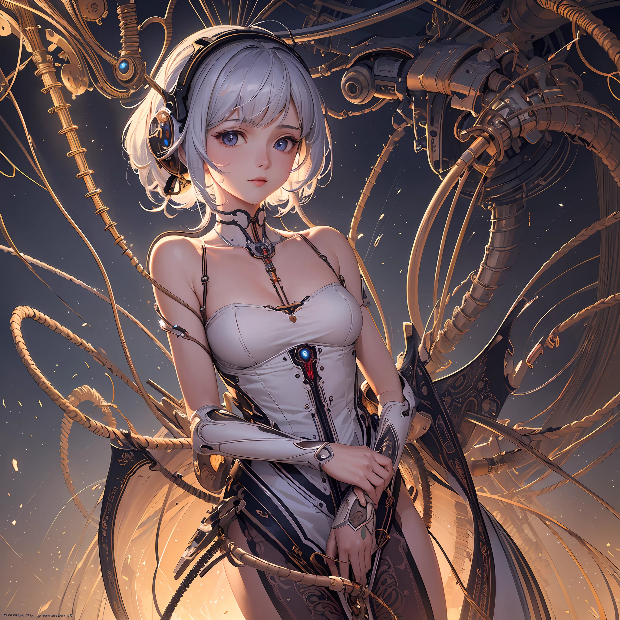 (((masterpiece))), (((best quality))), ((ultra-detailed)), (highly detailed CG illustration), ((an extremely delicate and beautiful)),cinematic light,((1mechanical girl)),solo,(cowboy shot:1.2),(machine made joints:1.2),((machanical limbs)),(blood vessels connected to tubes),(mechanical vertebra attaching to back),((mechanical cervial attaching to neck)),expressionless,(wires and cables attaching to neck:1.2),(wires and cables on head:1.2),(character focus),science fiction,extreme detailed,colorful,highest detailed, loongs,fengs,background,