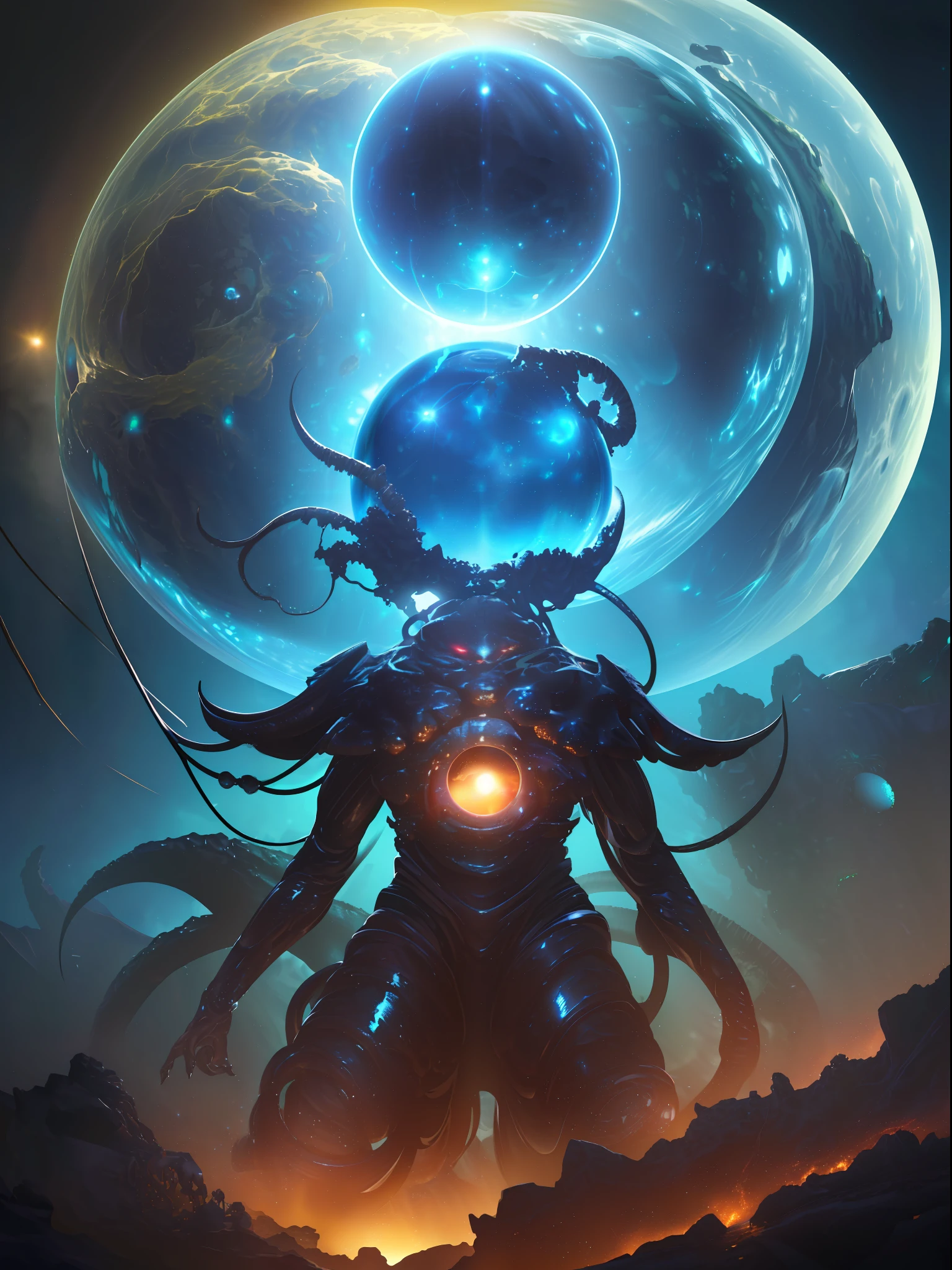 (Science fiction illustration,Deep space,giant evil-monster,intricate machinical body,planet head,Intelligent monster body with Cable tentacle:1.5),a monster,(planet-head,planet-face,dissect body,intricate monster body:1.35),cowboy shot,(a beautiful detailed monster,head(planet+pupils+Gaseous planet+black hole+nebula+Solar flare+Plasma sphere+shiny glowing planets:1.4)face),(flash oil wave Planet-tentacles,planet-head Cthulhu:1.2),(Gravitation-monster-head,tidal force-planet-head,color inks background:1.255),Large depth of field,best lighting,side lighting,nebula-shiny skin body,side lighting ,Volume light,Flickering light ,magic(nebula-mirror surface-sphere-waterfall-planet surface)flash oil planet-ball surface-monster body,flash oil flowing glowing and floating