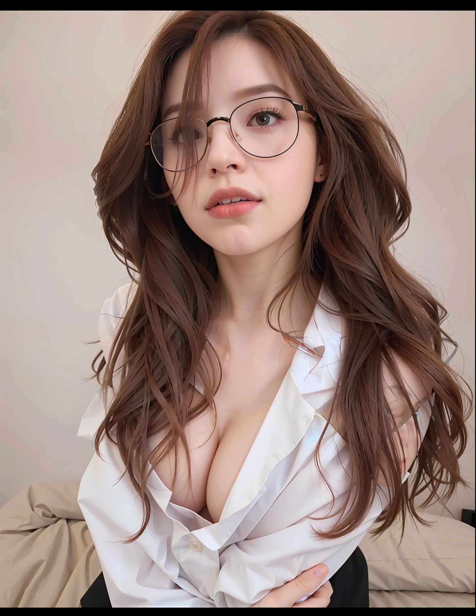 a close up of a woman with glasses on her face, with glasses, belle delphine, girl with glasses, with glasses on, anna nikonova aka newmilky, thick glasses, pokimane, sexy girl, glasses, better known as amouranth, amouranth, nerdy glasses, young beautiful amouranth, angelawhite, 8k, cleavage, big tits