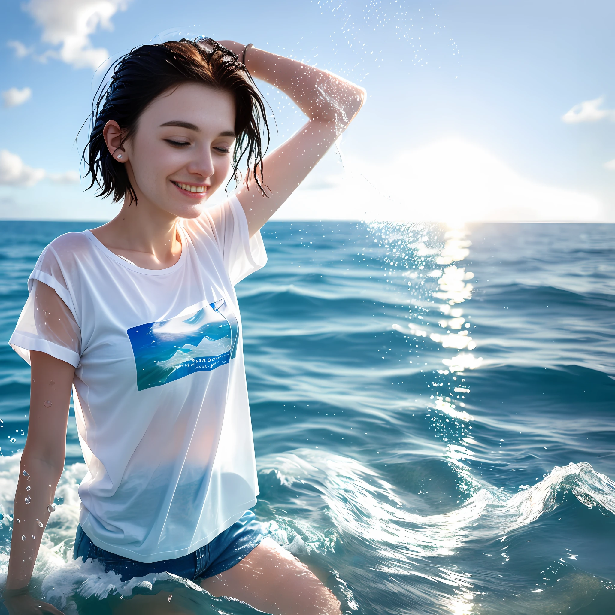 Woman 23 years old, European, wearing a soaked and transparent cotton t-shirt, (((emerging from water))), ocean, water, soaked clothes dripping wet, sunny, closed eyes, close, partially submerged, solo, 1woman, smiling, realistic, 8k, masterpiece