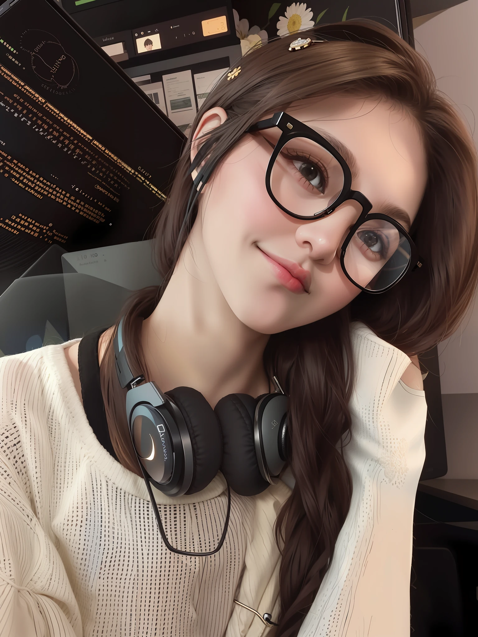 arafed woman with headphones and glasses posing for a picture, with glasses, with square glasses, wearing thin large round glasses, with black eyeglasses, spectacled, thick round spectacles, wearing black frame glasses, wearing square glasses, thick glasses, wearing glasses, !!wearing modern glasses!!, thick - rimmed glasses, young and cute girl, with glasses on, 8k, cleavage, big tits