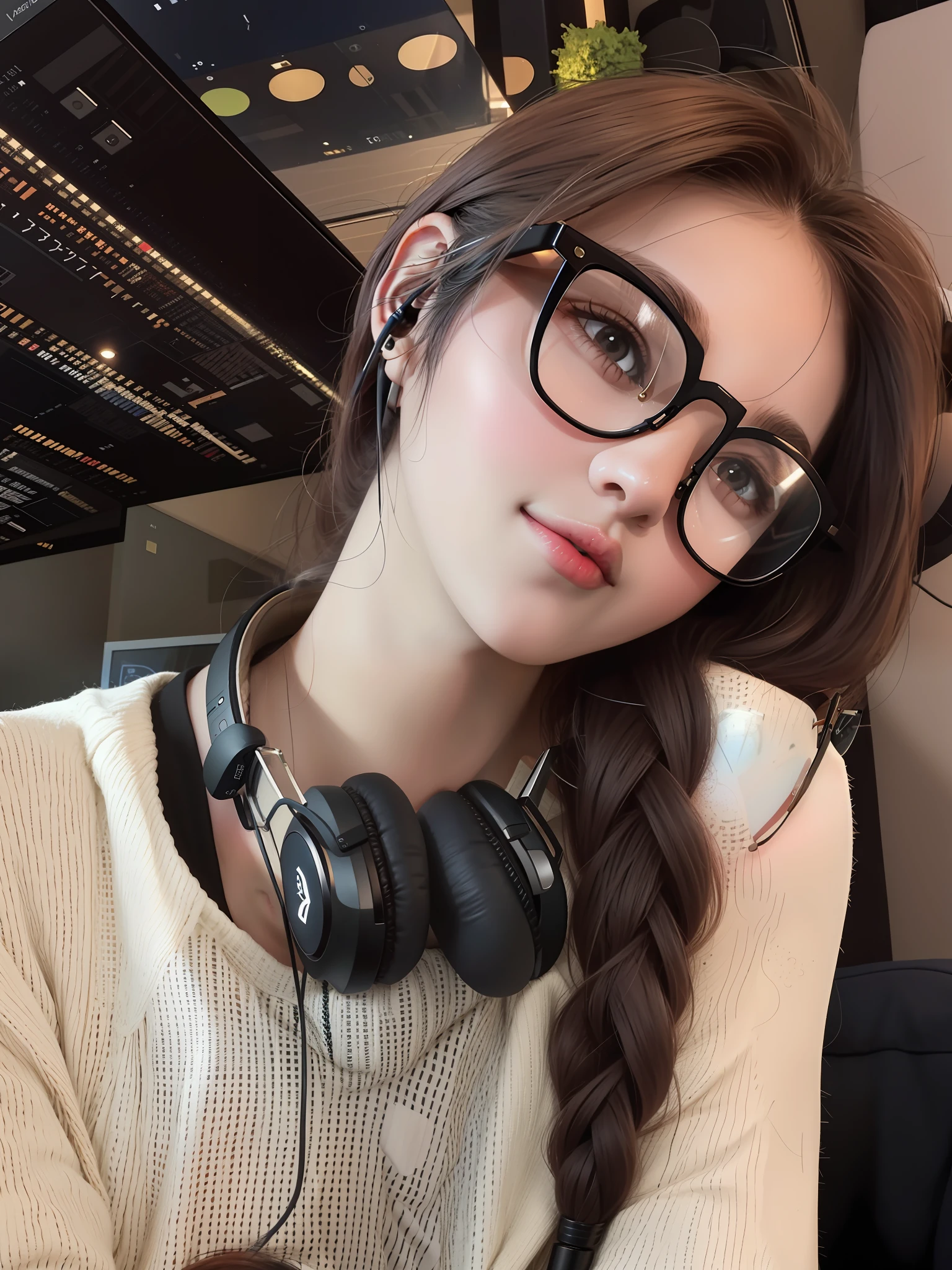 arafed woman with headphones and glasses posing for a picture, with glasses, with square glasses, wearing thin large round glasses, with black eyeglasses, spectacled, thick round spectacles, wearing black frame glasses, wearing square glasses, thick glasses, wearing glasses, !!wearing modern glasses!!, thick - rimmed glasses, young and cute girl, with glasses on, 8k, cleavage, big tits