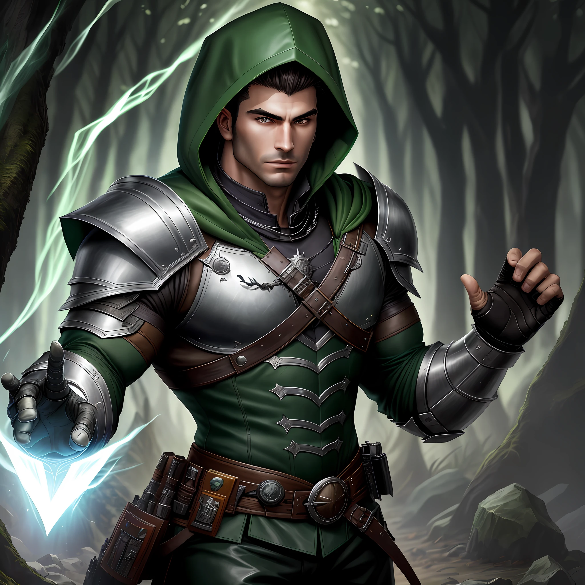 arafed man in a jacket with green hood and leather pants with a hood, attractive male with armor,medieval,forest, attractive beefy male with armor, fantasy character photo, muscular male hero, urban fantasy novel book cover, male warrior, fantasy warrior in full armor, image of an adult male warrior,  Fantasy male portrait, Muscular magical man