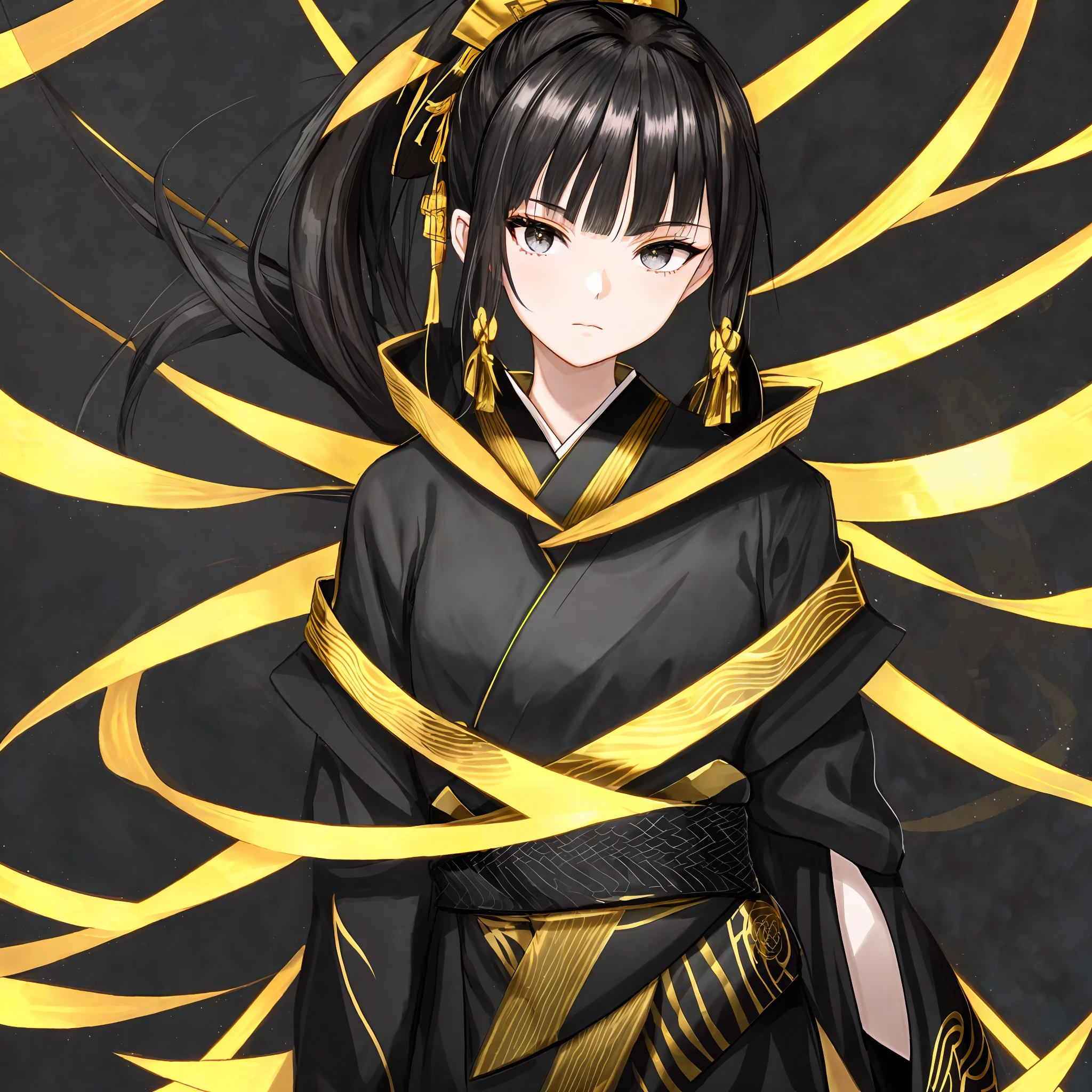 A beautiful girl in a black half-open kimono with gold edges stands half-sideways to the camera. Black hair is tied in a ponytail on his head. The eyes are gray. The result is an avatar, close-up, aesthetic and beautiful, simple background, wide gold ribbons in the background intertwined with hair,