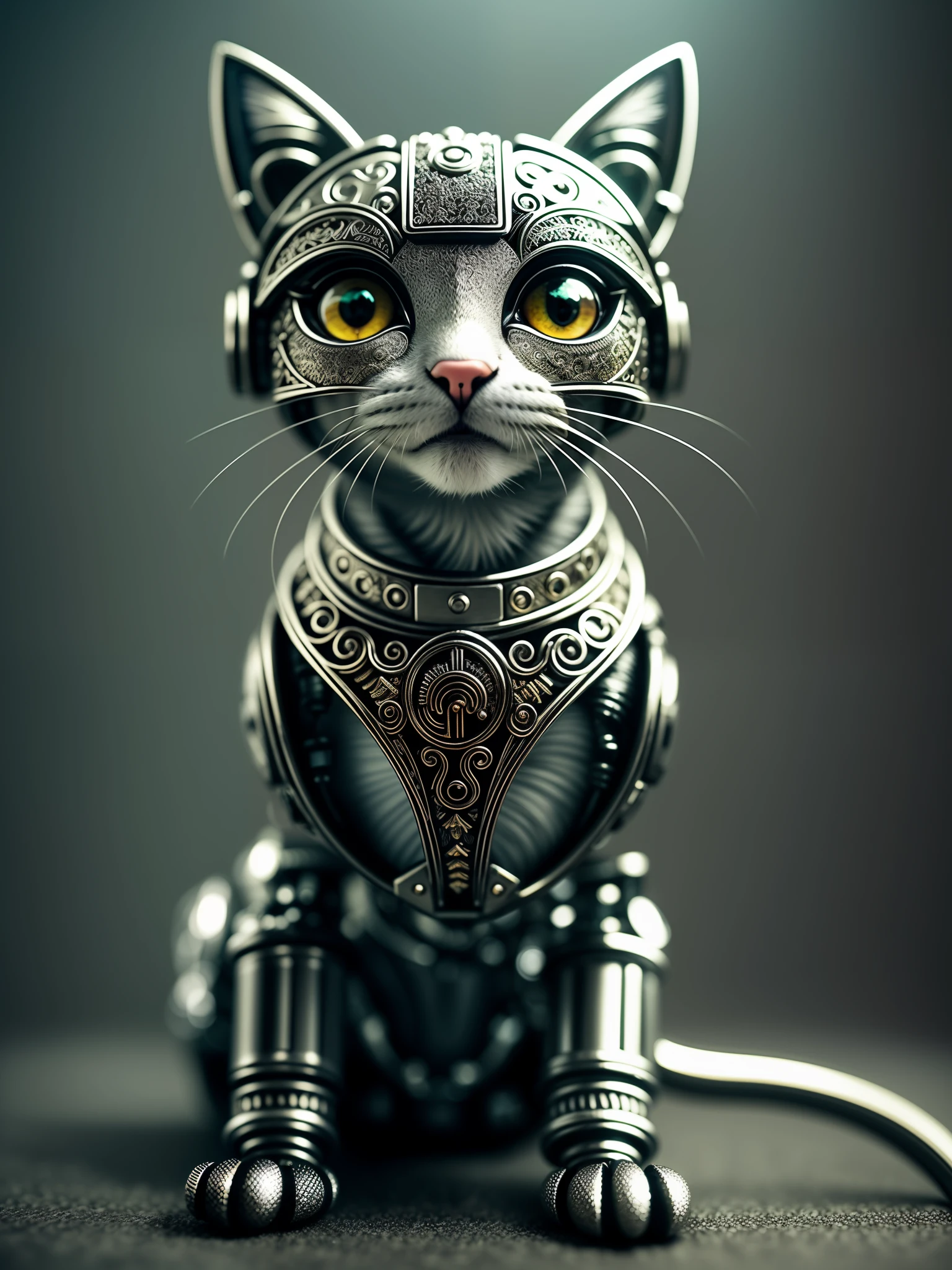 a cute kitten made out of metal, (cyborg:1.1), ([tail | detailed wire]:1.3), (intricate details), hdr, (intricate details, hyperdetailed:1.2), cinematic shot, vignette, centered