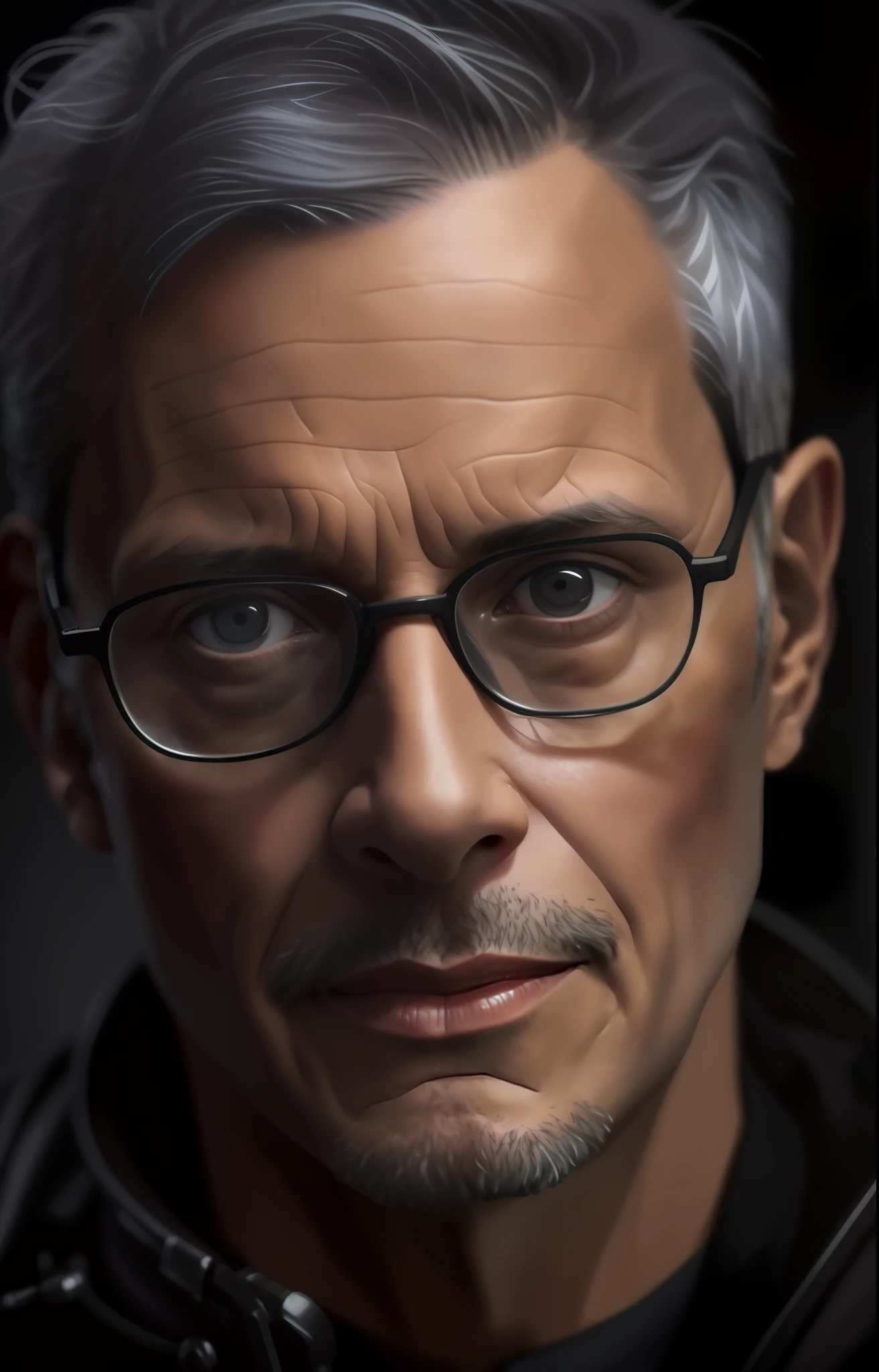 a close up of a man with glasses and a black jacket, cinematic realistic portrait, highly detailed vfx portrait, cyberpunk old man, high quality portrait, 8k portrait render, highly detailed vfx portrait of, hyperrealistic jeff goldblum, portrait of a cyberpunk man, ultra detailed portrait, cinematic bust portrait, closeup character portrait, hyperrealistic digital painting, cyberpunk style , hyperrealistic