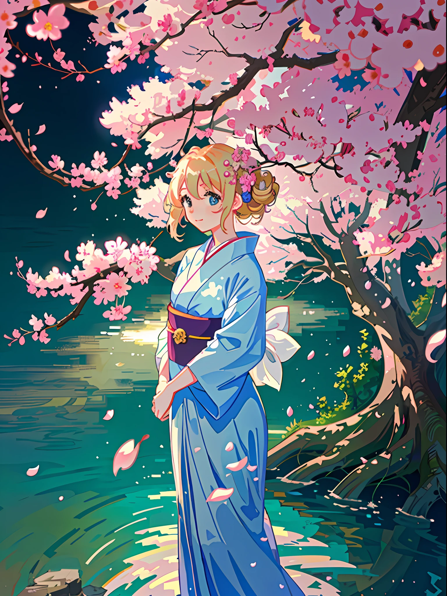(masterpiece, pretty face) kyoto animation style, big eyes, serene landscape with a beautiful cherry blossom tree in full bloom, ((1 girl, character standing underneath tree)), wearing a yukata, holding a fan. detailed background, peaceful river , gentle waterfall, birds chirping, petals gently falling from the tree. aesthetic, tranquil and calming, soft and pastel colors, beautiful and soothing piece