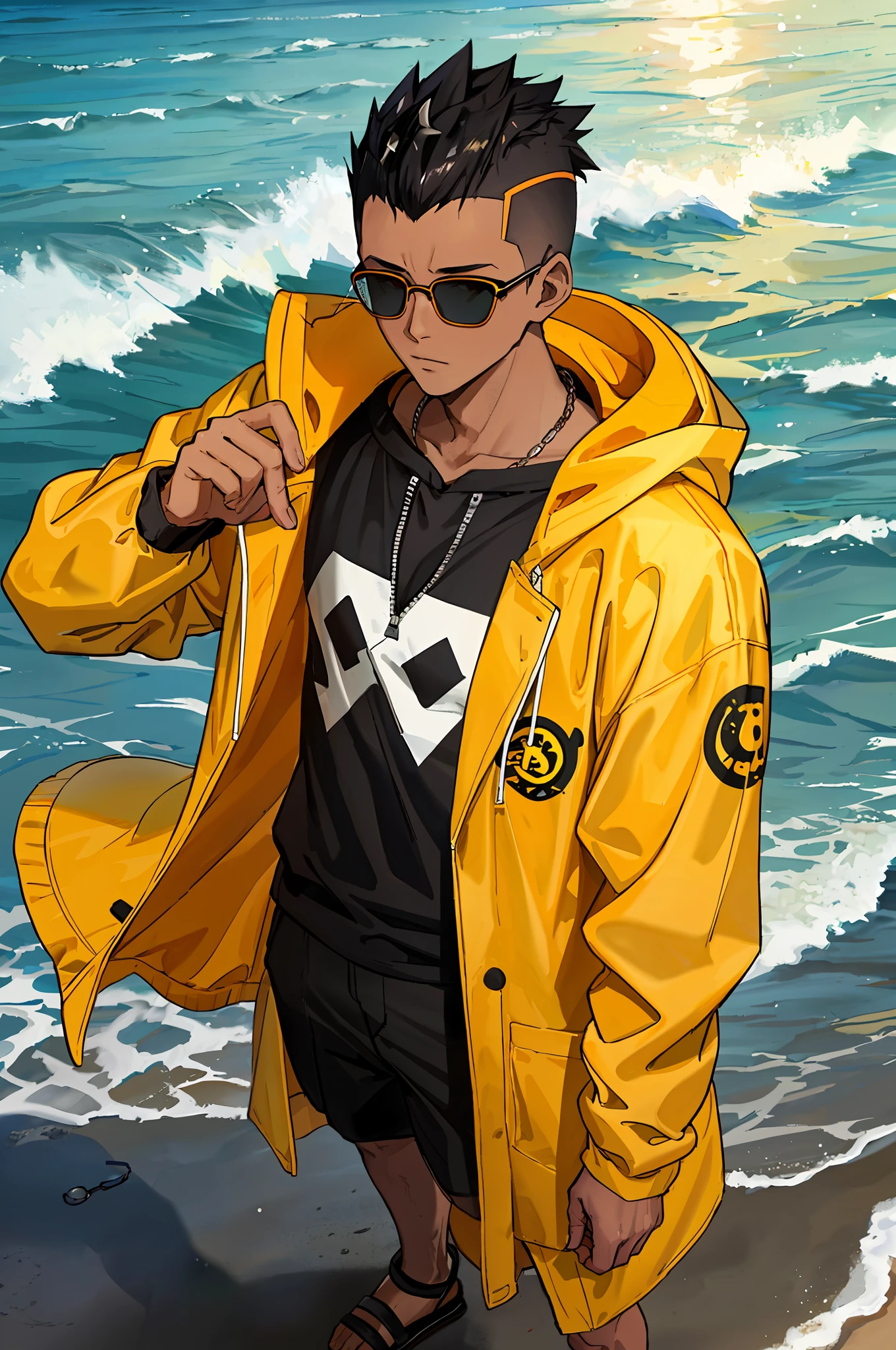 man at the beach, muscles, yellow raincoat bape hoodie orange ,light dark skin ,circle eyewear , Enjoy , mohawk haircut his hair made of leaves ,