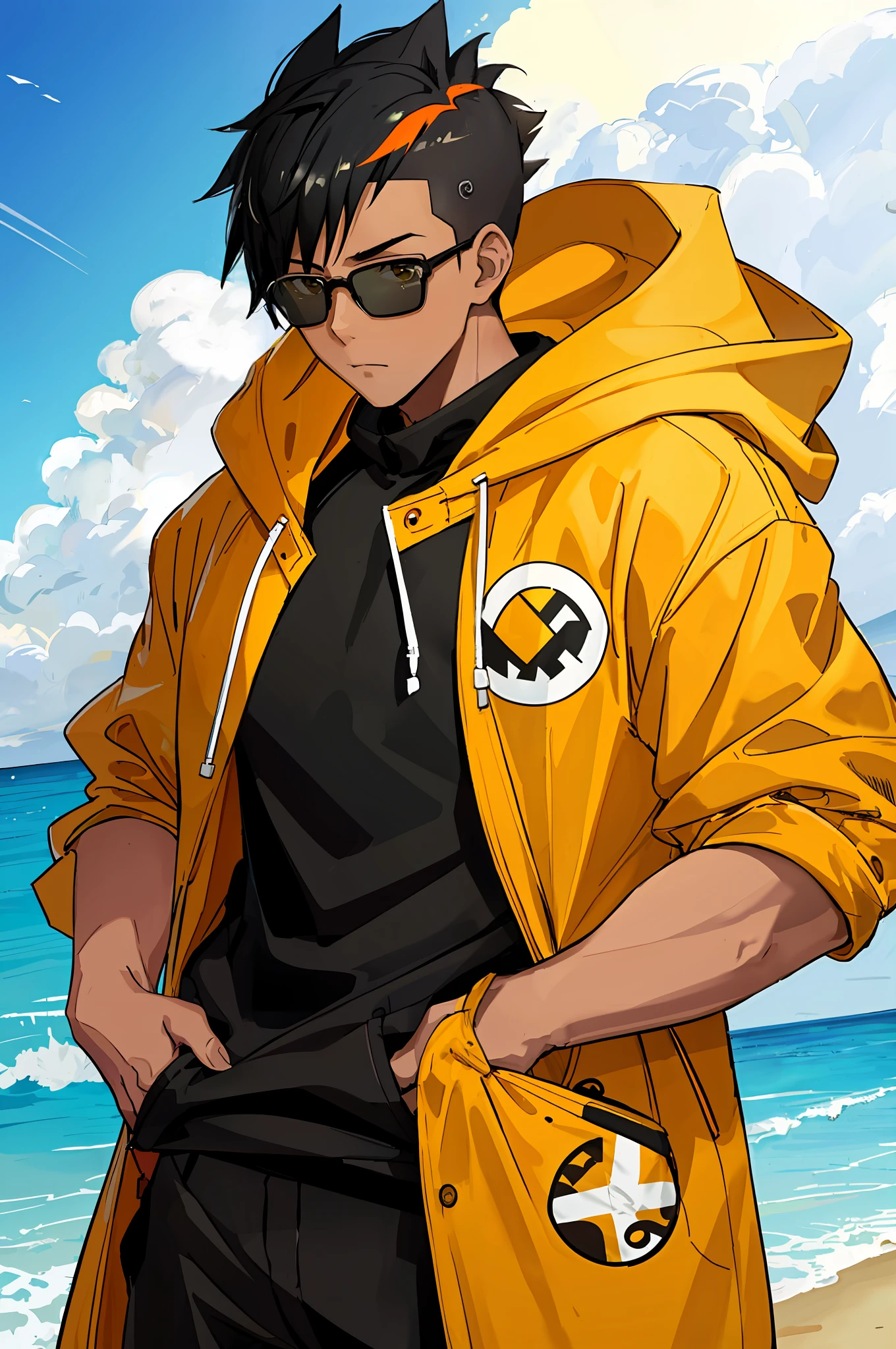 man at the beach, muscles, yellow raincoat bape hoodie orange ,light dark skin ,circle eyewear , Enjoy , mohawk haircut his hair made of leaves ,