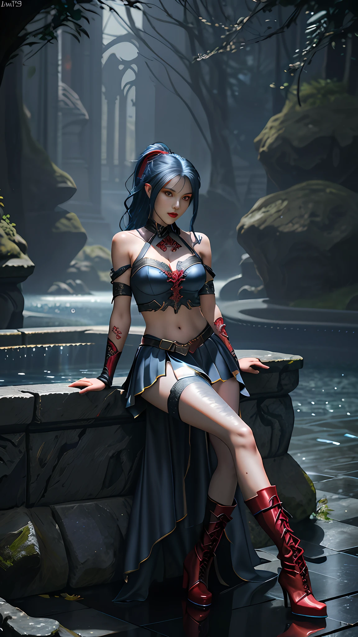 Perfect waist cut, Large breasts, Warrior girl with a scimitar on hand, Skimpy organza clothes ,dark blue hair with red highlights, (perfect nose), Seductive gaze, Boots on high heels (Best Illustration), 8k Resolution, Intricate Details, Best Quality, Realistic, Ultra Detailed, Best Lighting, Best Shadows, Ultra HD, A Necromancer style, Night, Magic, Dark Style, Vampire, (shining red eyes:1.6), masterpiece, high_res, Beautiful face, tyndall effect, photo realistic, (high detailed skin:1.2), 8k uhd, dslr, high quality, Photograph, high resolution, 4k, 8k, Bokeh, absurdres, ponytail contorted, best ratio four finger and one thumb, front view, dark blue hair gorgeous, perfect proportional skinny fitness body, full body view, wet skin, wet clothes, dark cathedral baground scenery, huge bobs, belly muscle, long fit perfect legs, fishnet Stockings,
