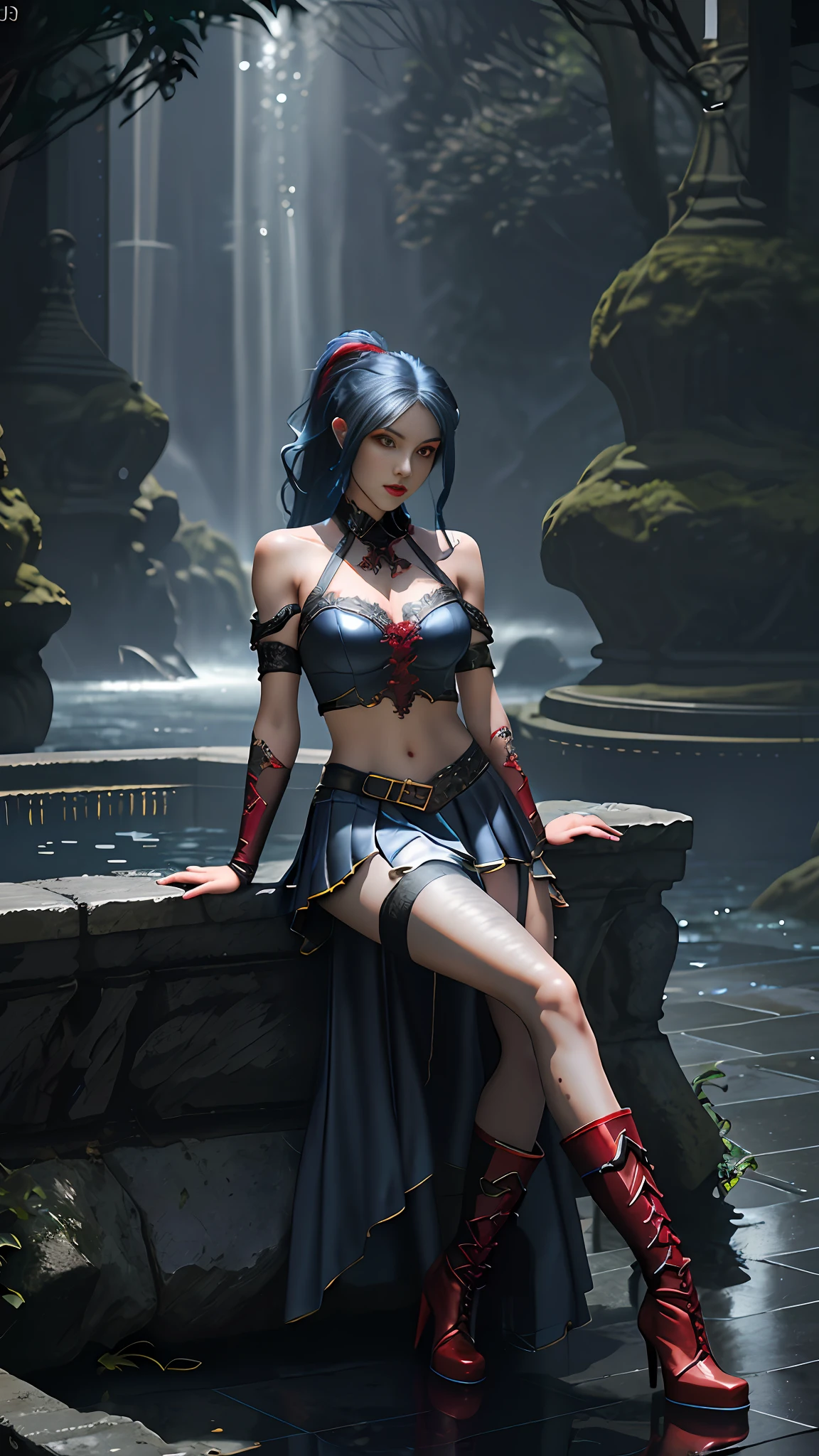 Perfect waist cut, Large breasts, Warrior girl with a scimitar on hand, Skimpy organza clothes ,dark blue hair with red highlights, (perfect nose), Seductive gaze, Boots on high heels (Best Illustration), 8k Resolution, Intricate Details, Best Quality, Realistic, Ultra Detailed, Best Lighting, Best Shadows, Ultra HD, A Necromancer style, Night, Magic, Dark Style, Vampire, (shining red eyes:1.6), masterpiece, high_res, Beautiful face, tyndall effect, photo realistic, (high detailed skin:1.2), 8k uhd, dslr, high quality, Photograph, high resolution, 4k, 8k, Bokeh, absurdres, ponytail contorted, best ratio four finger and one thumb, front view, dark blue hair gorgeous, perfect proportional skinny fitness body, full body view, wet skin, wet clothes, dark cathedral baground scenery, huge bobs, belly muscle, long fit perfect legs, fishnet Stockings,