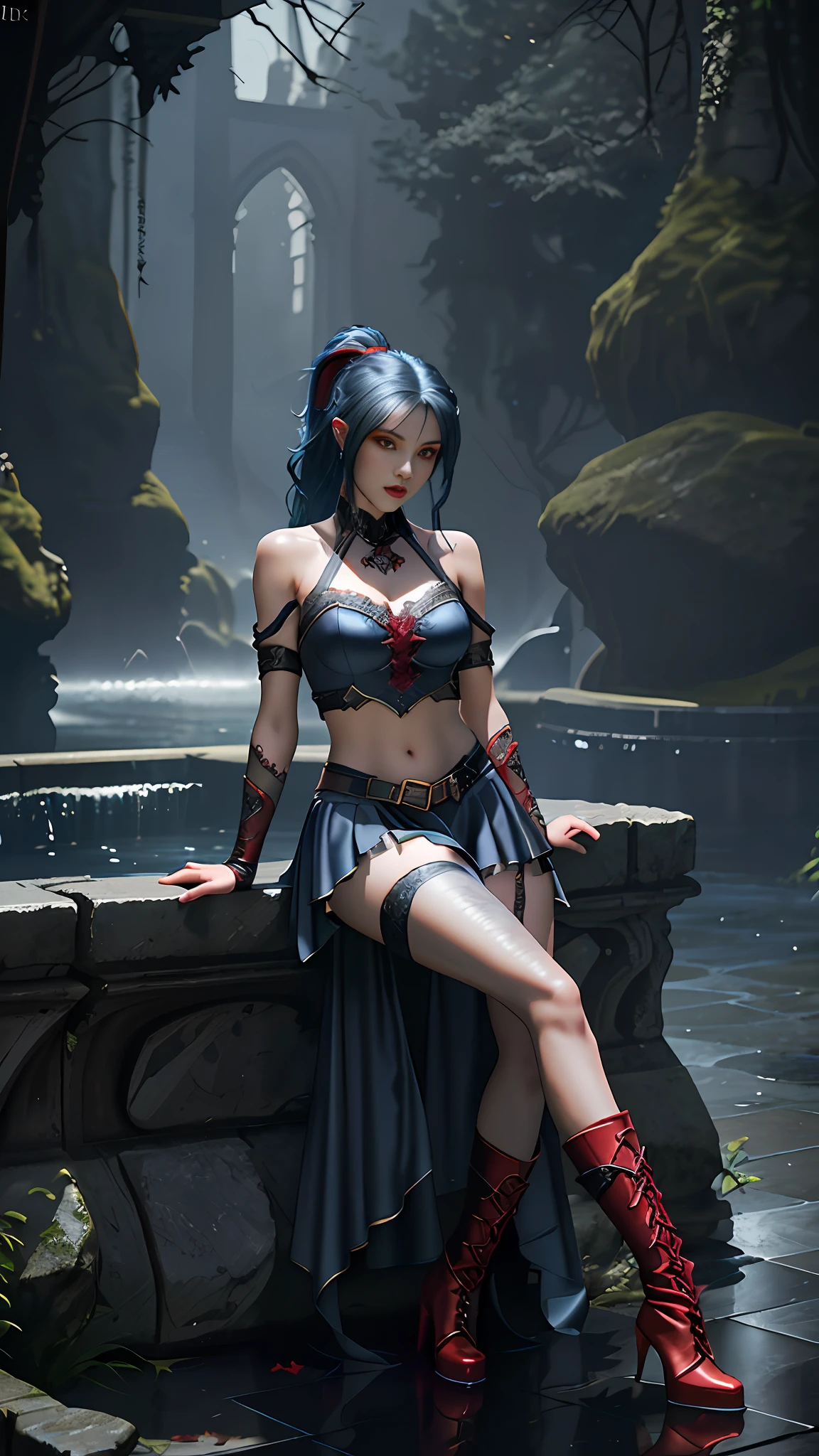 Perfect waist cut, Large breasts, Warrior girl with a scimitar on hand, Skimpy organza clothes ,dark blue hair with red highlights, (perfect nose), Seductive gaze, Boots on high heels (Best Illustration), 8k Resolution, Intricate Details, Best Quality, Realistic, Ultra Detailed, Best Lighting, Best Shadows, Ultra HD, A Necromancer style, Night, Magic, Dark Style, Vampire, (shining red eyes:1.6), masterpiece, high_res, Beautiful face, tyndall effect, photo realistic, (high detailed skin:1.2), 8k uhd, dslr, high quality, Photograph, high resolution, 4k, 8k, Bokeh, absurdres, ponytail contorted, best ratio four finger and one thumb, front view, dark blue hair gorgeous, perfect proportional skinny fitness body, full body view, wet skin, wet clothes, dark cathedral baground scenery, huge bobs, belly muscle, long fit perfect legs, fishnet Stockings,
