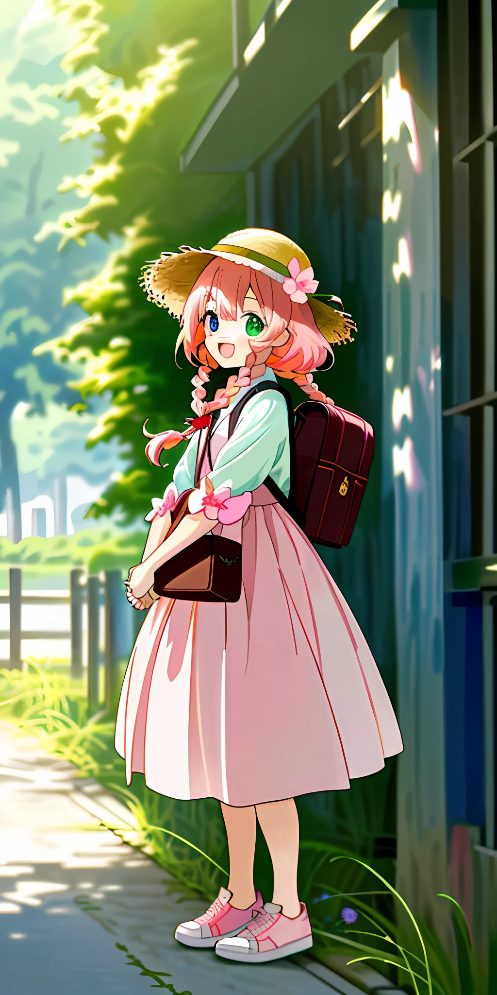 "Kyoto Animation" style anime illustrations, best quality, (cute: 1.1), 8K, (high resolution: 1.2), incredibly ridiculous: 1.3, incredibly fine illustrations, cute girls, (heterochromia, light blue eyes and light green eyes), standing figure, happiness, :d, masterpiece, top quality, absurdity, high resolution, official art, (cute: 1.8), ( Chibi Characters: 1.5), Solo, ((pale pink hair, braids on both sides, cute flower ribbon)), Thin hair, 1 beautiful girl, (cute: 1.8), caregiver, (pink dress, white sneakers, straw hat, small rucksack, red cut and sew), front, changing clothes, changing room