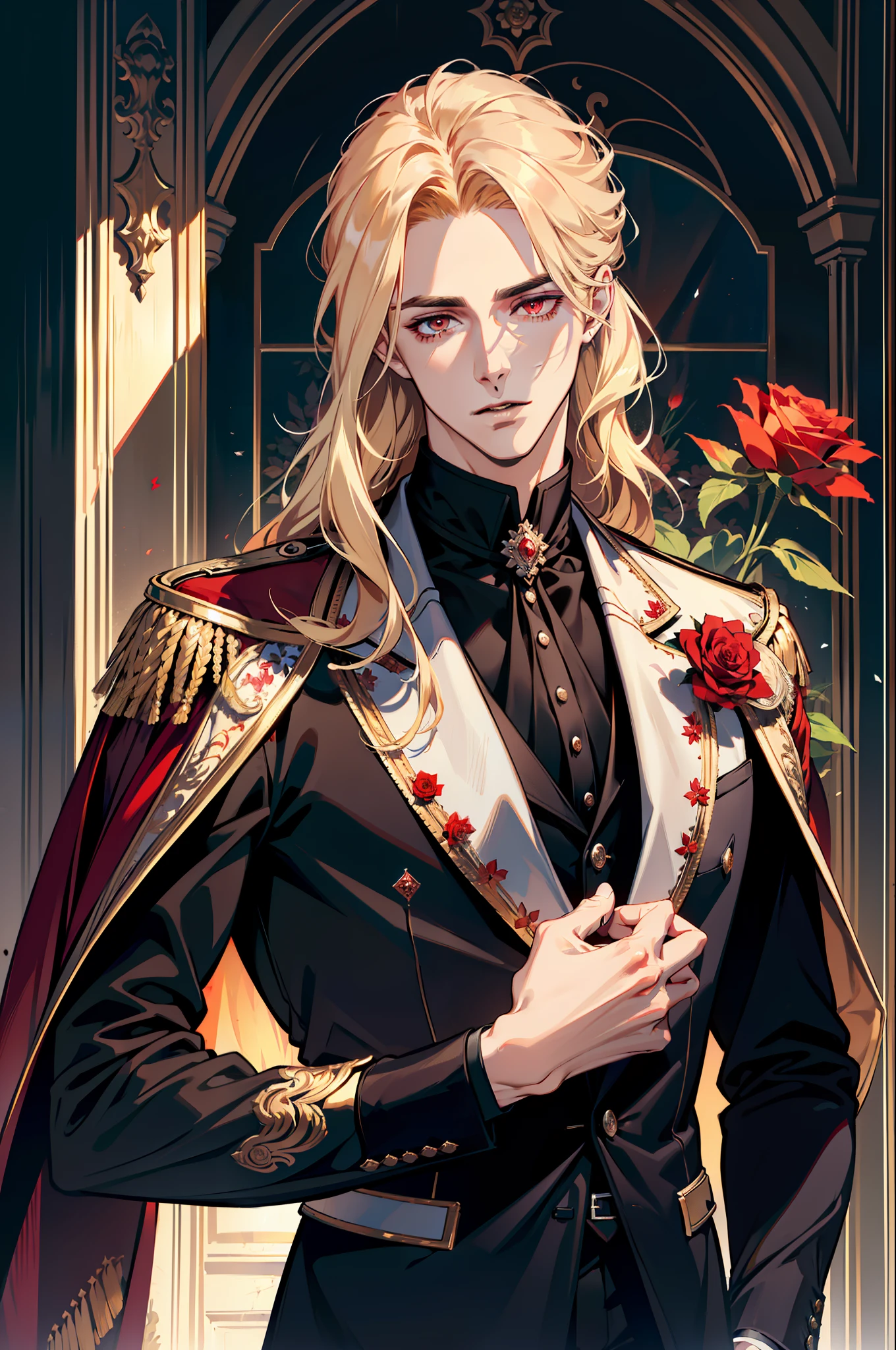 (absurdres, highres, ultra detailed), 1 male, adult, handsome, tall muscular guy, broad shoulders, finely detailed eyes and detailed face, blonde long hair, red eyes, handsome, suit, fantasy, uniform, royal, gothic, vampire, flowers blooming brightly-bloomed flowers, red roses, Sunlight, Fantastic light and shadow, Scenery, portrait