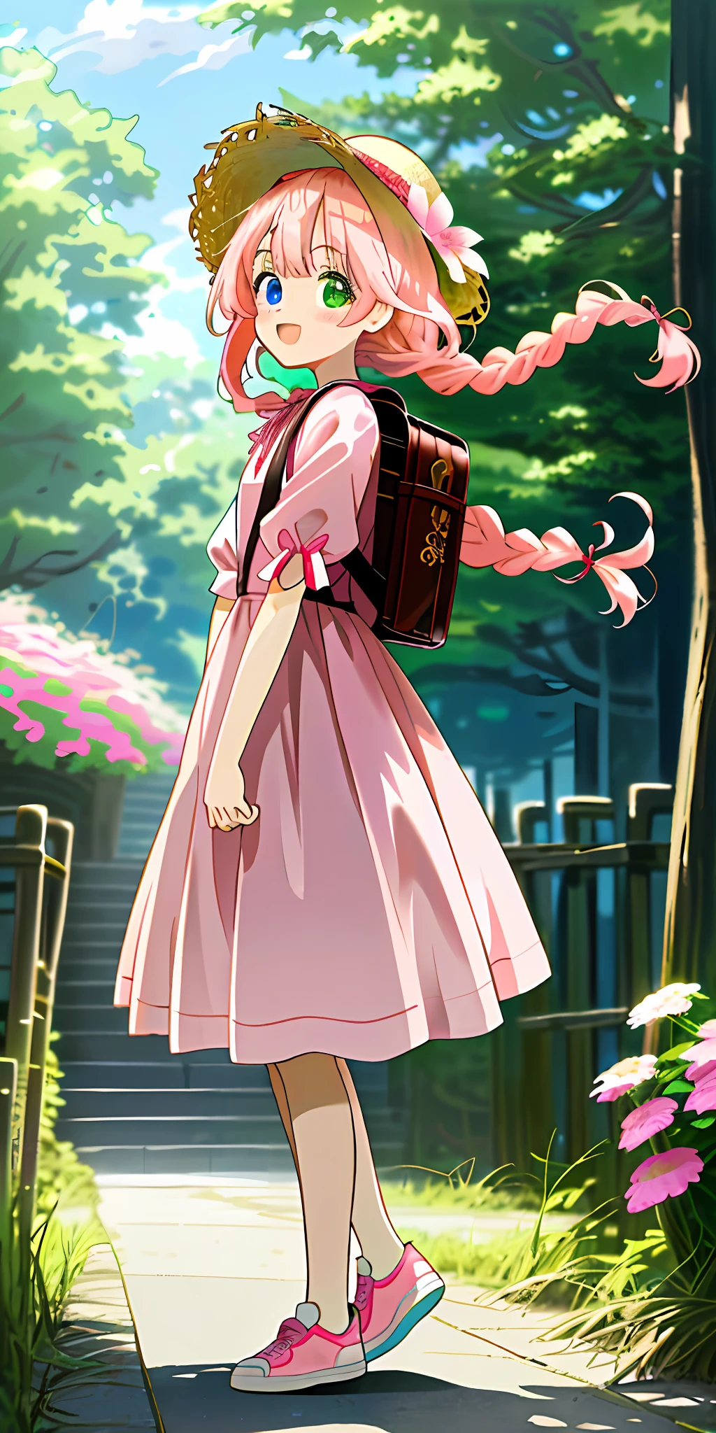 "Kyoto Animation" style anime illustrations, best quality, (cute: 1.1), 8K, (high resolution: 1.2), incredibly ridiculous: 1.3, incredibly fine illustrations, cute girls, (heterochromia, light blue eyes and light green eyes), standing figure, happiness, :d, masterpiece, top quality, absurdity, high resolution, official art, (cute: 1.8), ( Chibi Characters: 1.5), Solo, ((pale pink hair, braids on both sides, cute flower ribbon)), Thin hair, 1 beautiful girl, (cute: 1.8), caregiver, (pink dress, white sneakers, straw hat, small rucksack, red cut and sew), front, changing clothes, changing room