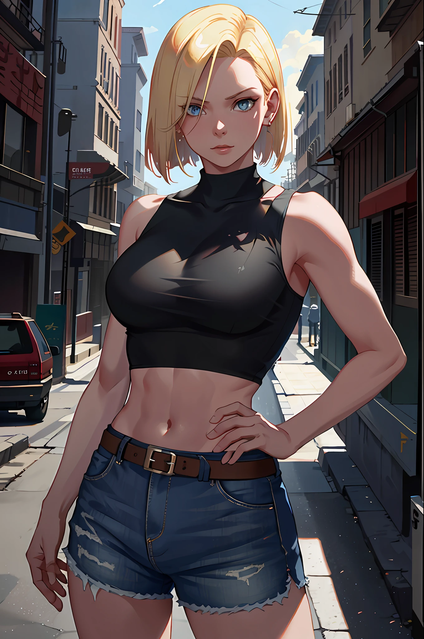 best quality, highres, and18, 1girl, android 18, solo, blonde hair, blue eyes, short hair, earrings, jewelry, big breasts, cowboy shot, street, tight black shirt, hard nipps , oiled body, suomi 80mm Sigma f/2.0,vivid light, crop top, stylized portrait, by greg rutkowski, trending on artstation detailed, award winning illustration, hd, 4k, digital art, highly detailed, cinematic lighting, vibrant colors, in the style of noah bradley, Beksinski