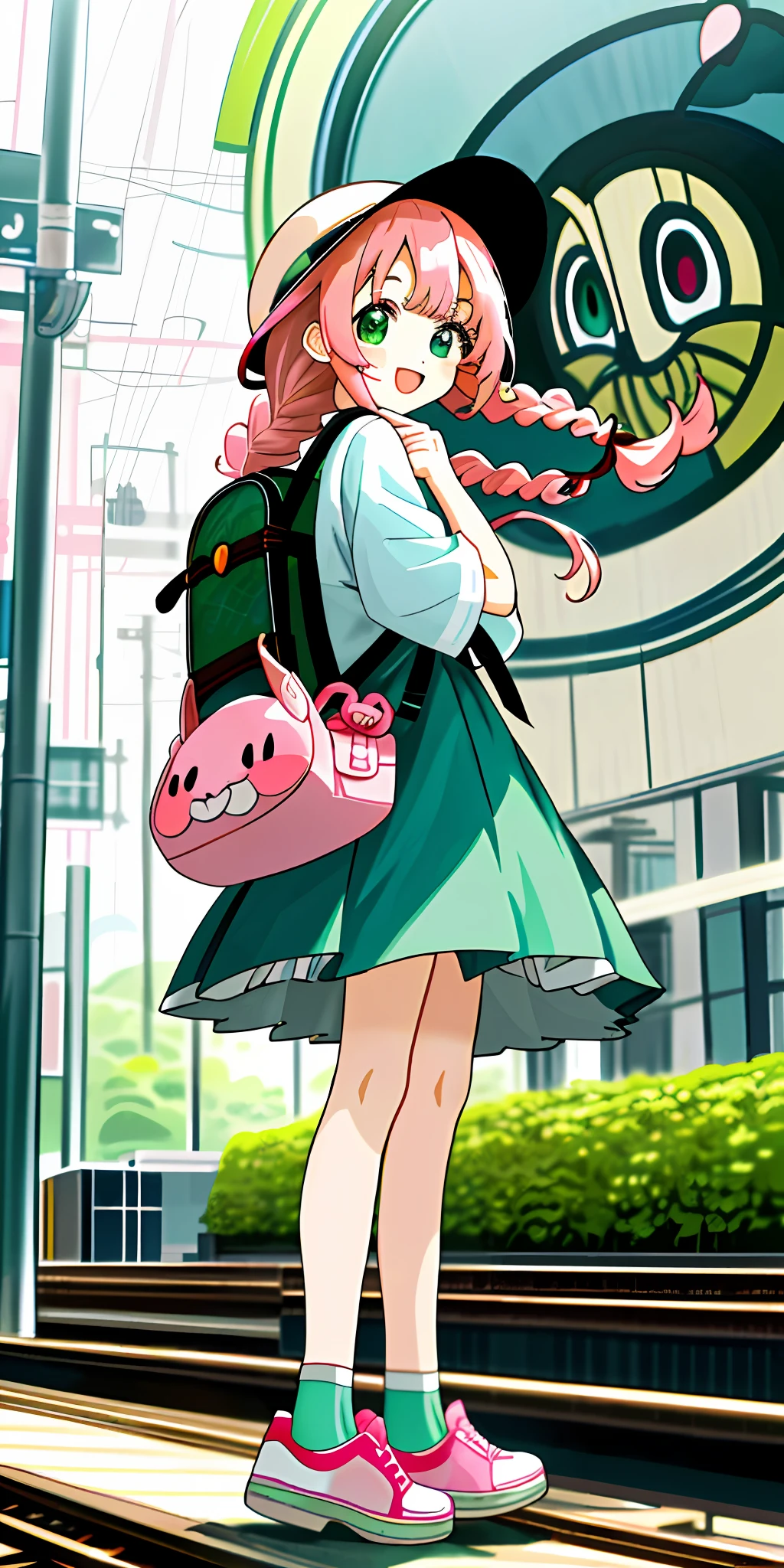"Kyoto Animation" style anime illustrations, best quality, (cute: 1.1), 8K, (high resolution: 1.2), incredibly ridiculous: 1.3, incredibly fine illustrations, cute girls, (heterochromia, light blue eyes and light green eyes), standing figure, happiness, :d, masterpiece, top quality, absurdity, high resolution, official art, (cute: 1.8), ( Chibi Characters: 1.5), Solo, ((pale pink hair, braids on both sides, cute flower ribbon)), Thin hair, 1 beautiful girl, (cute: 1.8), caregiver, (pink dress, white sneakers, straw hat, small rucksack, red cut and sewn), frontal, VTuber style, Kamimei, Osaka Metro Nakamozucho Station