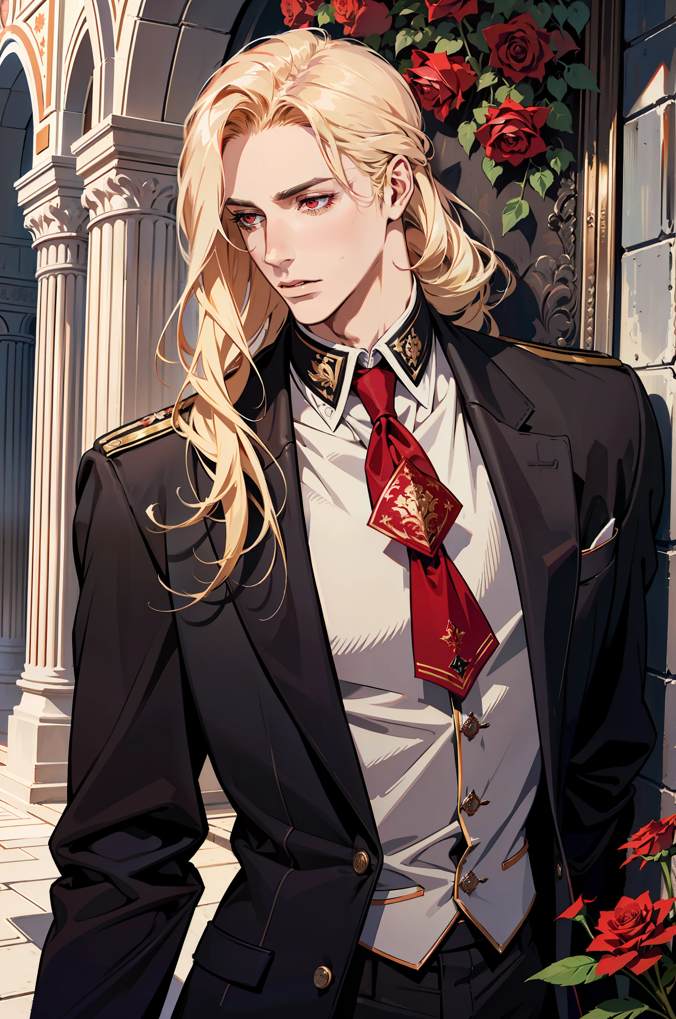 (absurdres, highres, ultra detailed), 1 male, adult, handsome, tall muscular guy, broad shoulders, finely detailed eyes and detailed face, blonde long hair, red eyes, handsome, suit, fantasy, uniform, royal, gothic, vampire, flowers blooming brightly-bloomed flowers, red roses, Sunlight, Fantastic light and shadow, Scenery, portrait