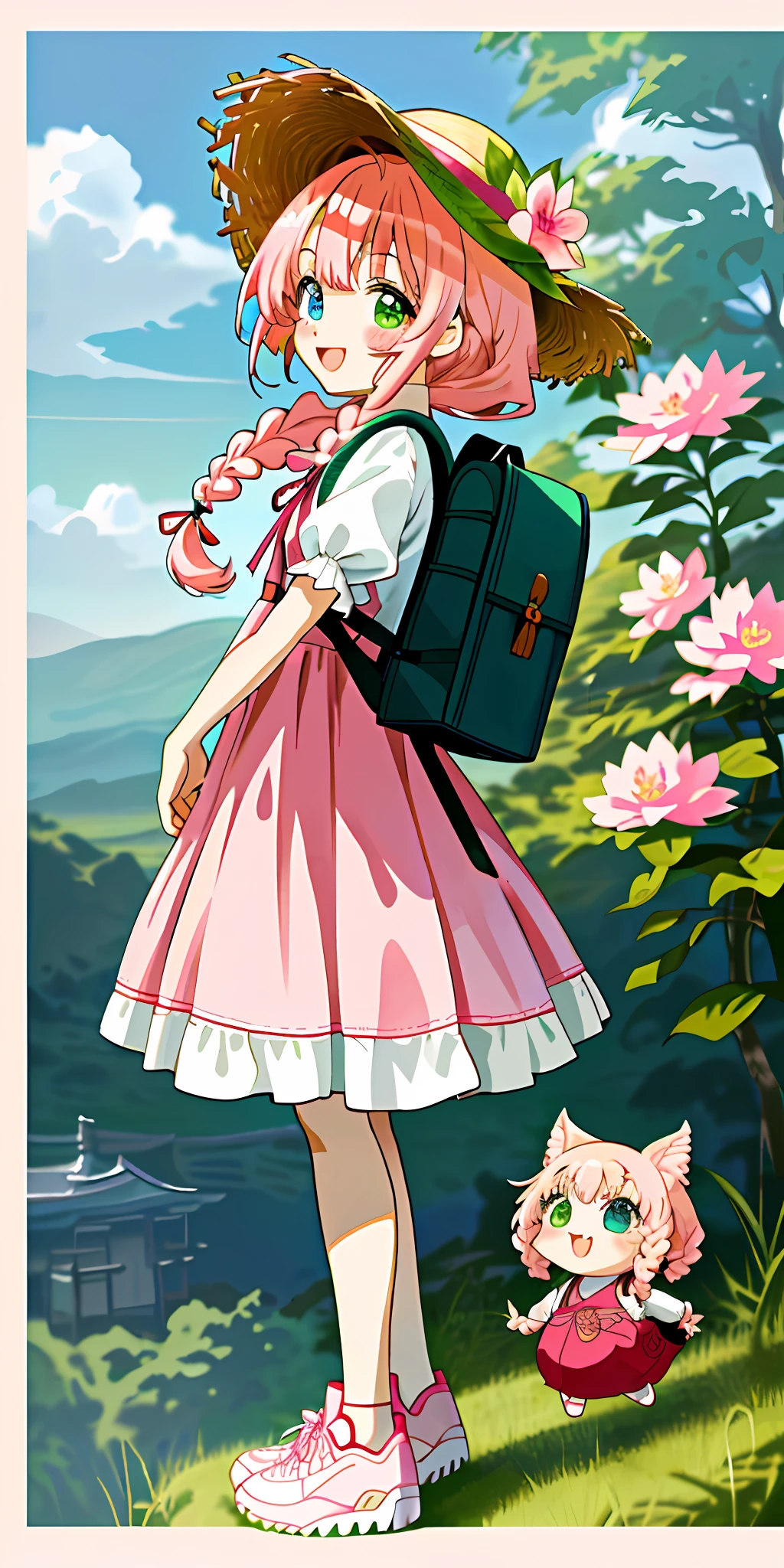 "Kyoto Animation" style anime illustrations, best quality, (cute: 1.1), 8K, (high resolution: 1.2), incredibly ridiculous: 1.3, incredibly fine illustrations, cute girls, (heterochromia, light blue eyes and light green eyes), standing figure, happiness, :d, masterpiece, top quality, absurdity, high resolution, official art, (cute: 1.8), ( Chibi Characters: 1.5), Solo, ((pale pink hair, braids on both sides, cute flower ribbon)), Thin Hair, One Beautiful Girl, (Cute: 1.8), Caregiver, (Pink dress, white sneakers, straw hat, small rucksack, red cut and sewn), Frontal, VTuber Style, Upper Eyes,