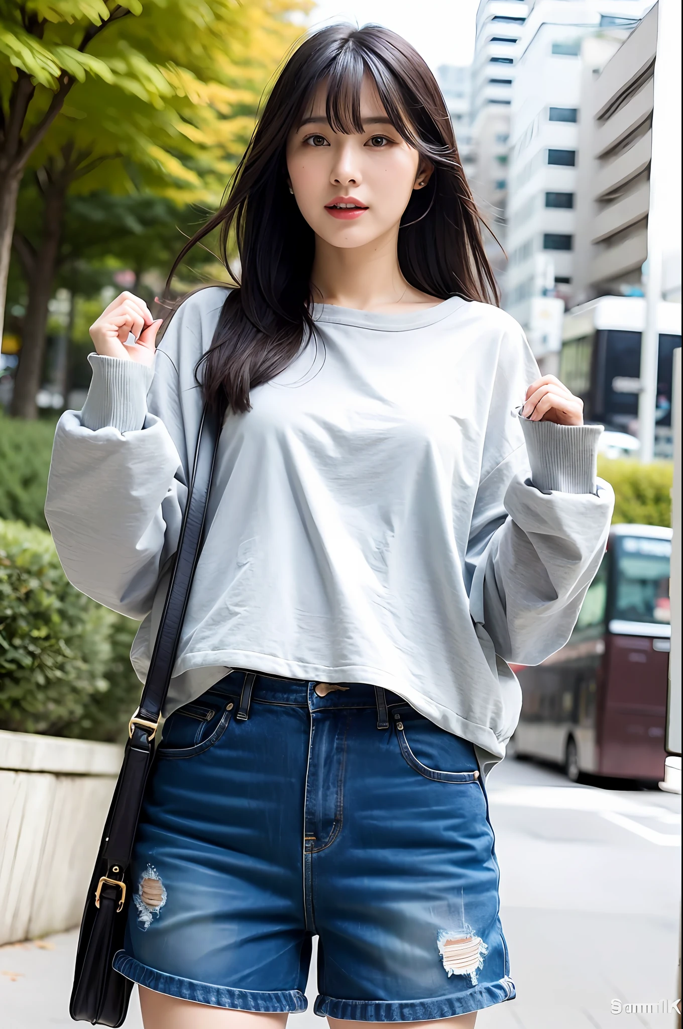 cityscape, mature mature young woman, bob black hair fluttering in the wind, with bangs, trendy autumn clothes style, hands up, sagging eyes, big double teeth, super cute, nice perfect face with soft skin, immature woman in 8K resolution, super realistic, super detailed, high quality, erotic and beautiful trendy shorts,